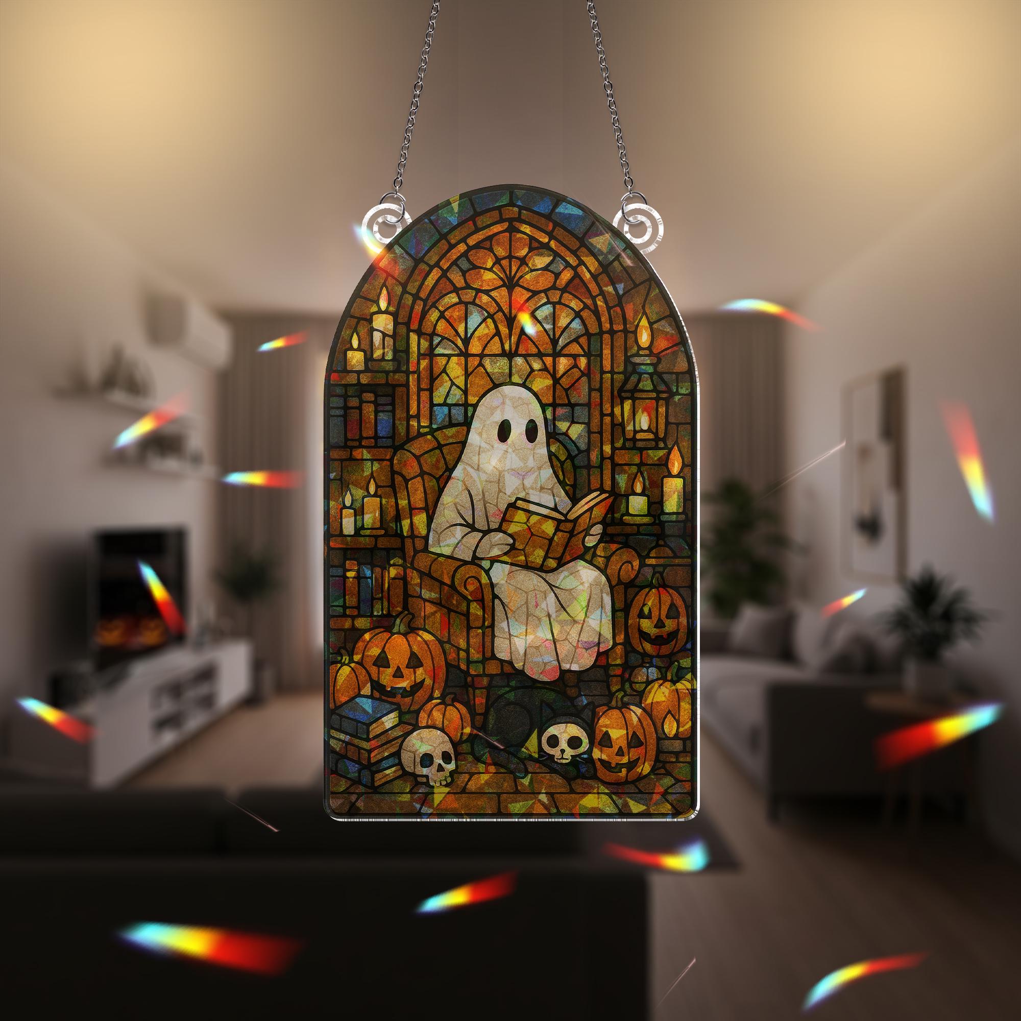 Ghost Reading Acrylic Sun Catcher, Halloween Reading Ghost Acrylic Decor, Spooky Gothic Window Hanging, Pumpkin & Skull Book Nook Art