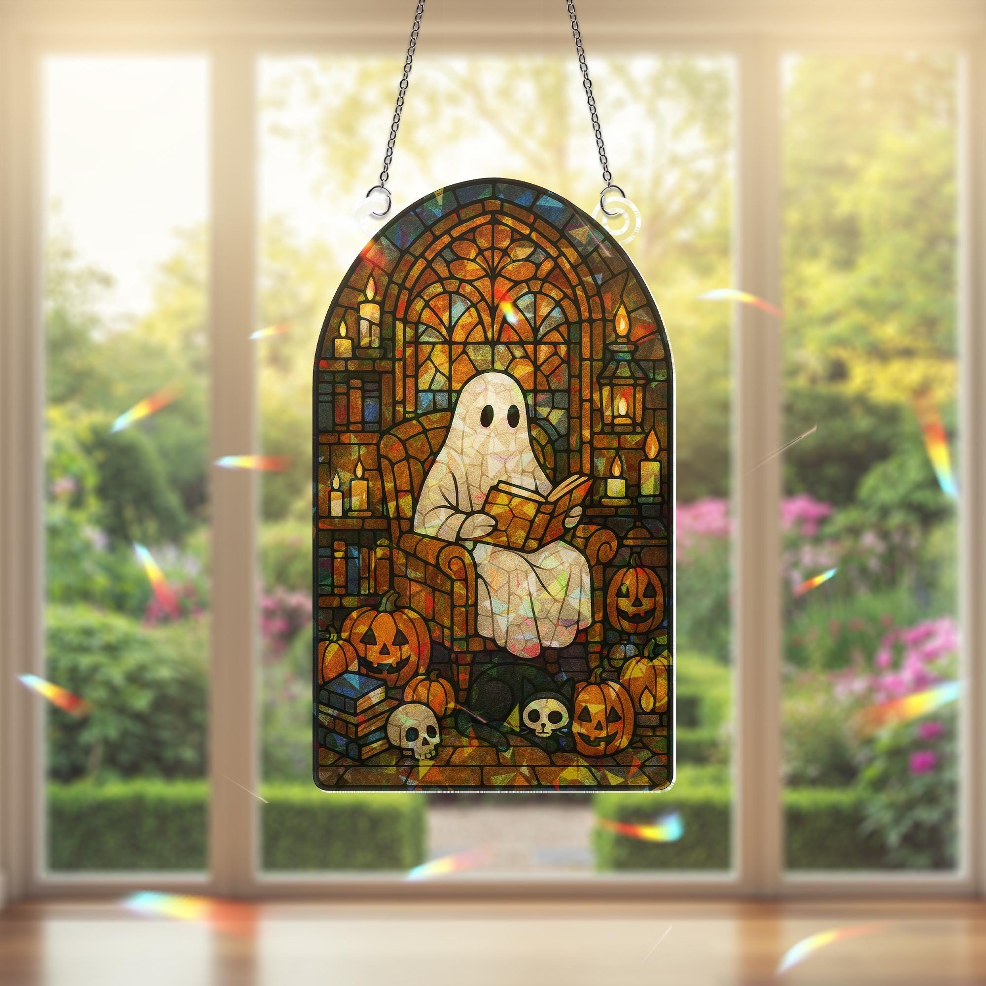 Ghost Reading Acrylic Sun Catcher, Halloween Reading Ghost Acrylic Decor, Spooky Gothic Window Hanging, Pumpkin & Skull Book Nook Art