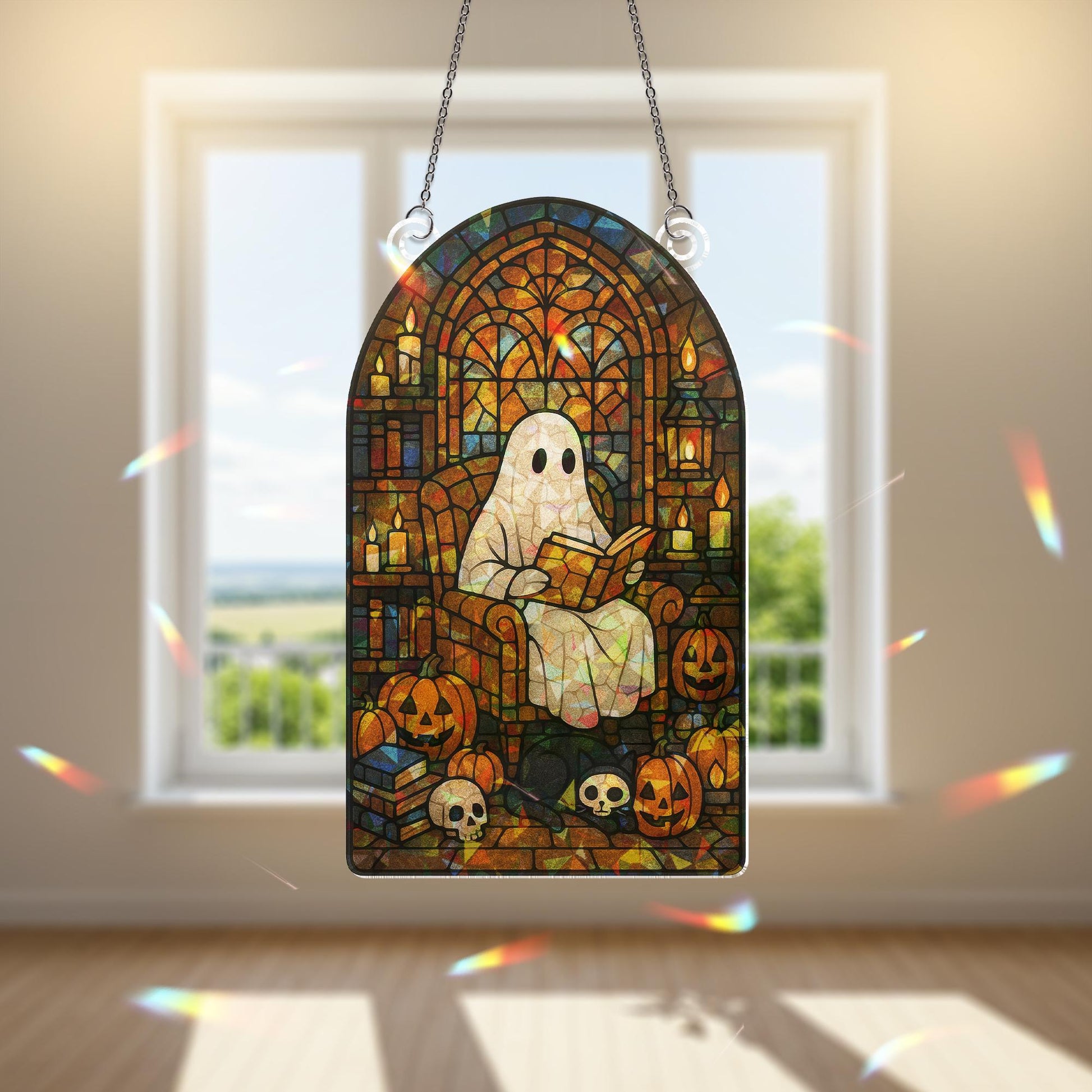 Ghost Reading Acrylic Sun Catcher, Halloween Reading Ghost Acrylic Decor, Spooky Gothic Window Hanging, Pumpkin & Skull Book Nook Art