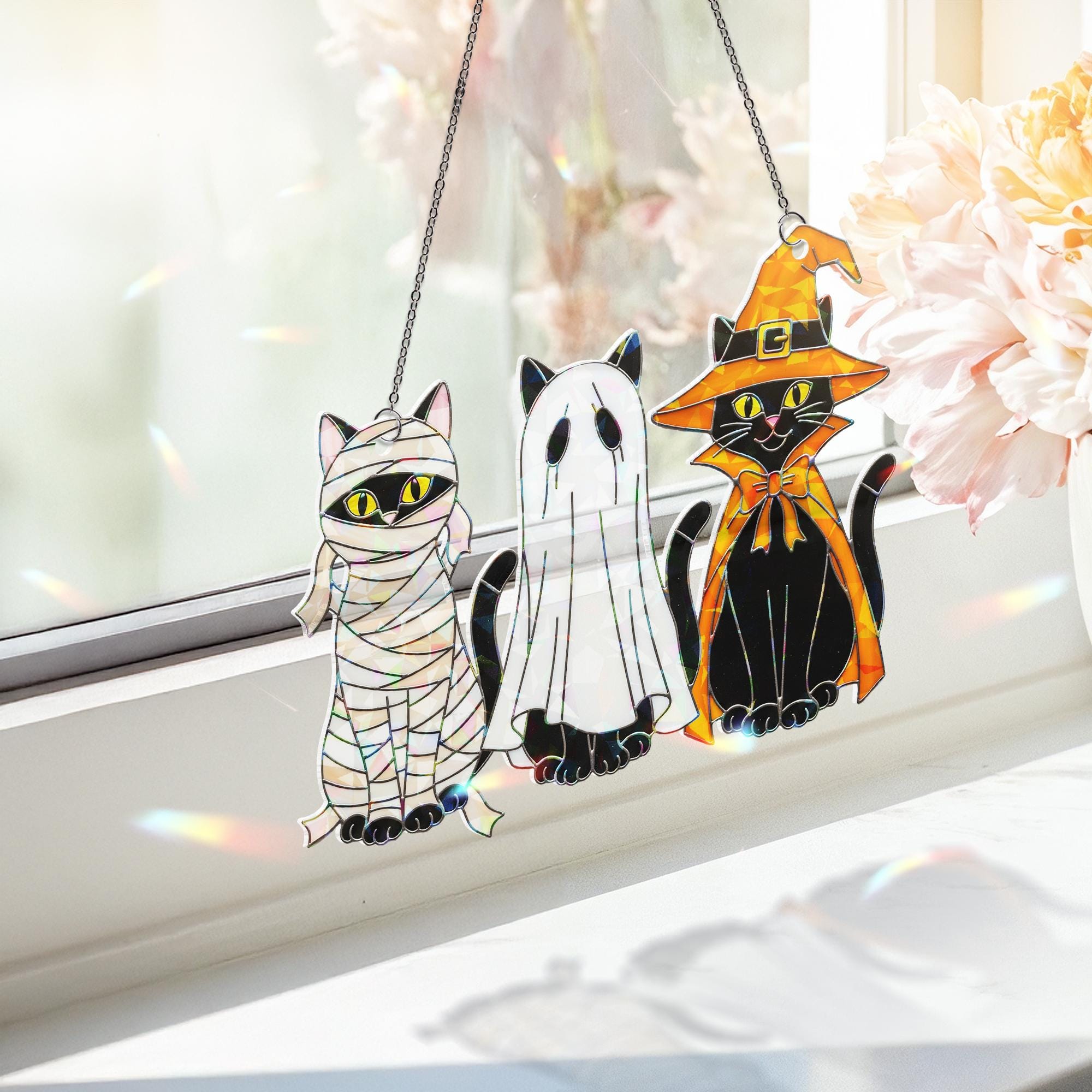 Halloween Trio Black Cats Hologram Ornament – Mummy, Ghost, Witch Black Cats ACRYLIC Window Hanging, Cute Spooky Fall Decor Gift, Cat Lovers