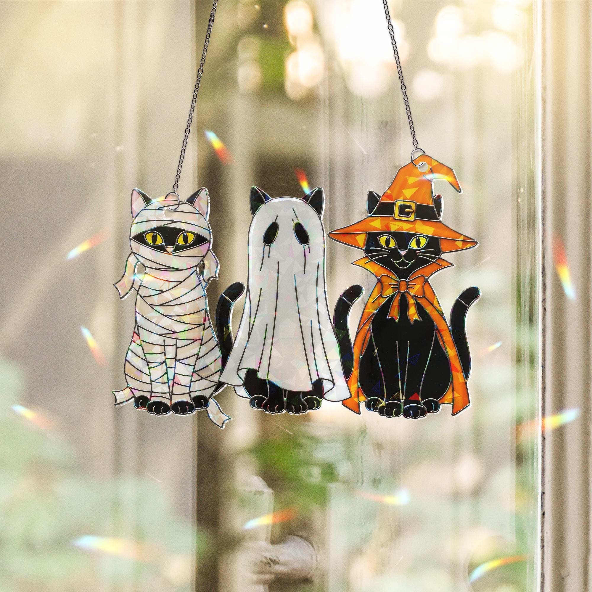 Halloween Trio Black Cats Hologram Ornament – Mummy, Ghost, Witch Black Cats ACRYLIC Window Hanging, Cute Spooky Fall Decor Gift, Cat Lovers