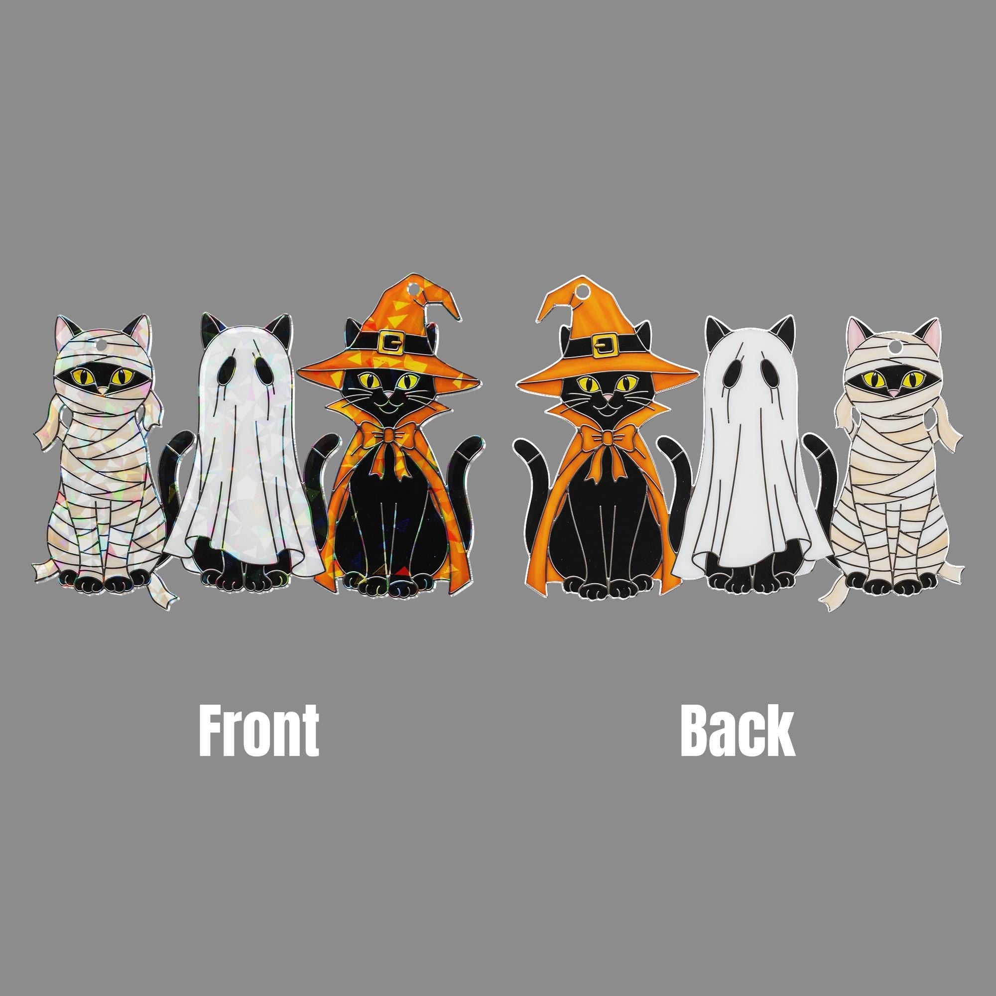 Halloween Trio Black Cats Hologram Ornament – Mummy, Ghost, Witch Black Cats ACRYLIC Window Hanging, Cute Spooky Fall Decor Gift, Cat Lovers
