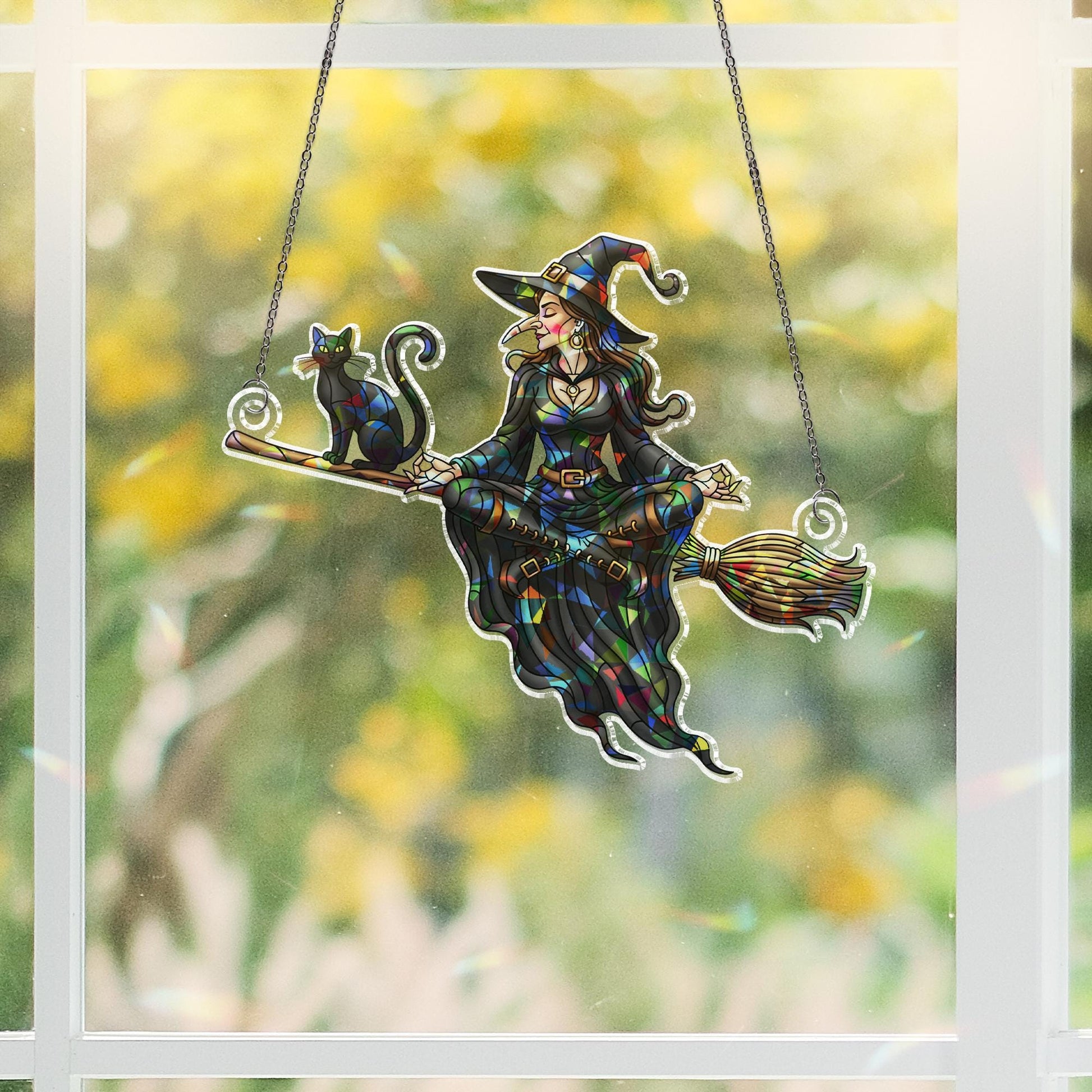 Flying Witch & Black Cat Suncatcher, Halloween Stained Glass Decor, Spooky Window Hanging, Mystical Home Art, Witchy Gift