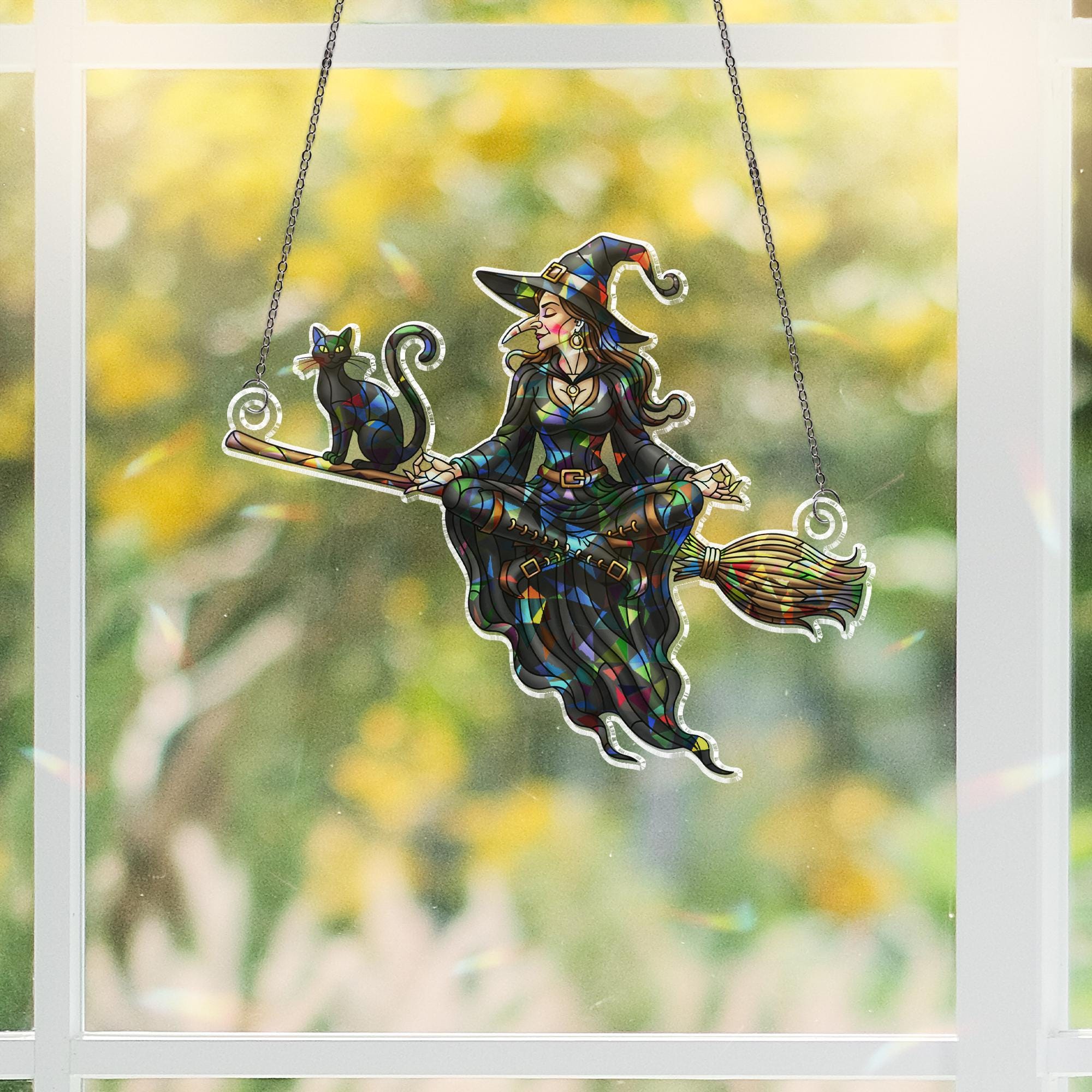 Flying Witch & Black Cat Suncatcher, Halloween Stained Glass Decor, Spooky Window Hanging, Mystical Home Art, Witchy Gift