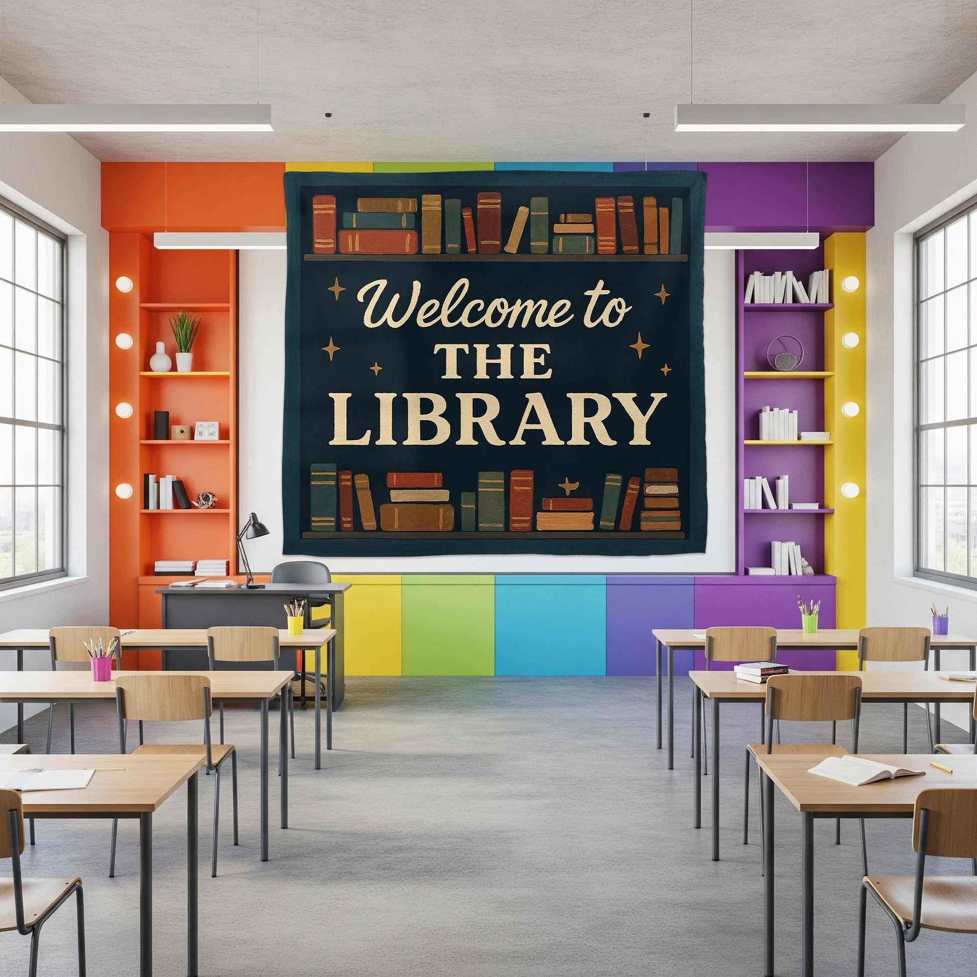Welcome to the Library Tapestry, Classroom Wall Decor for Teachers, Reading Corner Banner, Colorful School Library Sign, Reading Classroom