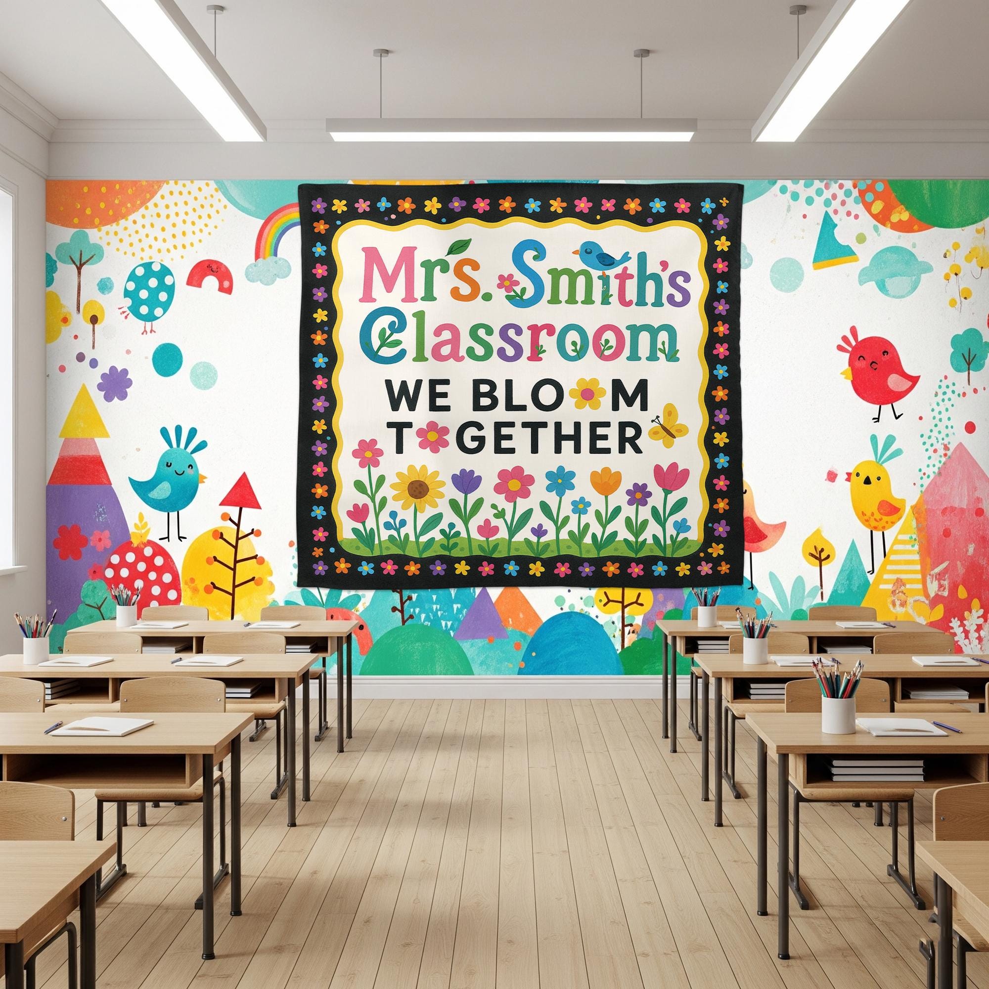 We Bloom Together Classroom Tapestry, Custom Teacher Wall Decor, Colorful Flower Banner, Preschool Classroom Sign, Back to School