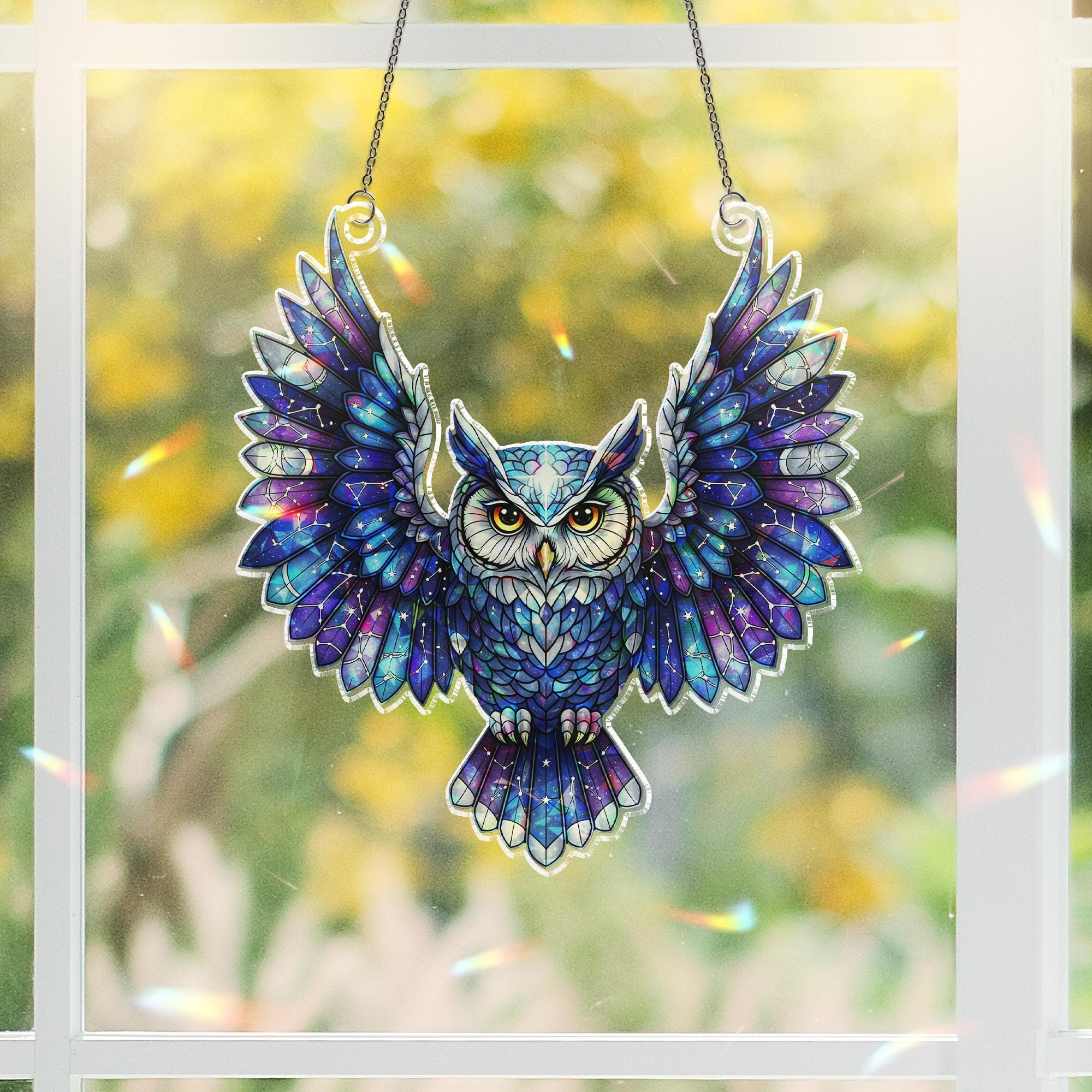 Galaxy Owl Suncatcher – Stained Glass Style Window Hanging – Celestial Owl Decor – Cosmic Bird Ornament – Boho Glass Art for Windows