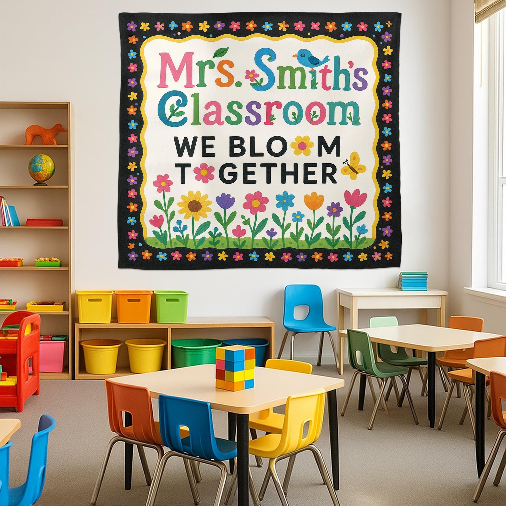 We Bloom Together Classroom Tapestry, Custom Teacher Wall Decor, Colorful Flower Banner, Preschool Classroom Sign, Back to School