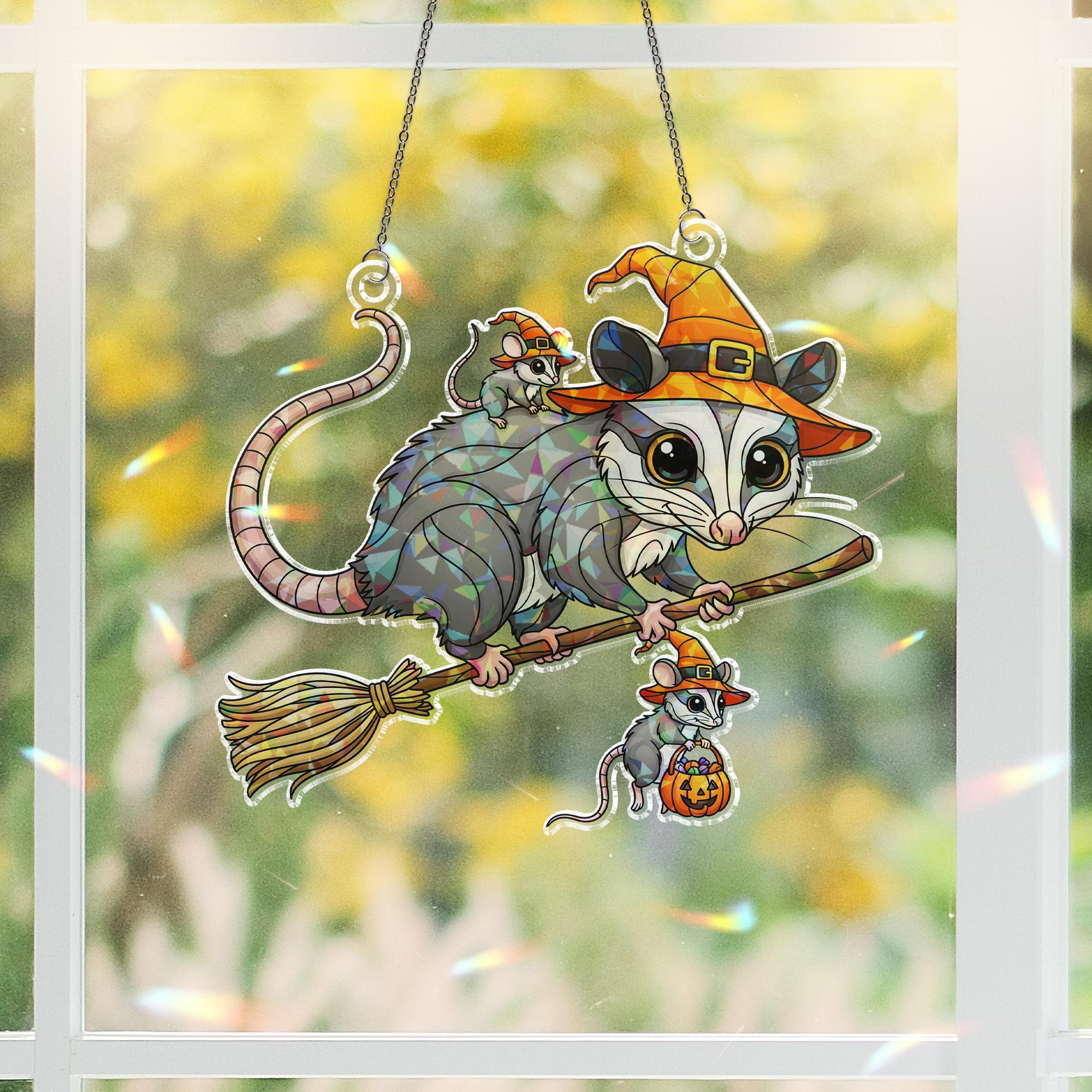 Halloween Opossum Suncatcher, Witchy Rodent Window Decor, Spooky Animal Art, Flying Possum Sign, Cute Fall Decoration