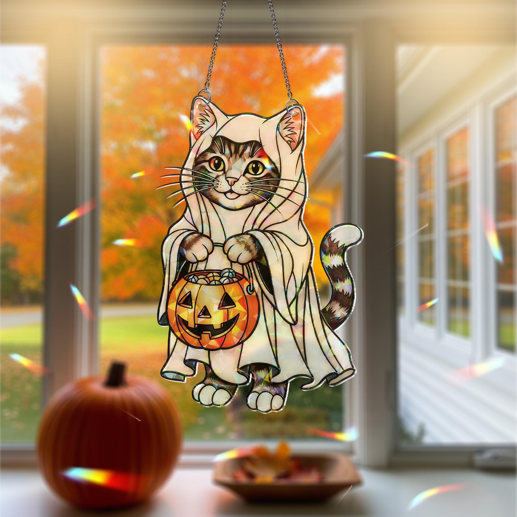 Ghost Cat Halloween Hologram Ornament – Cute Tabby Kitten with Pumpkin Candy Bucket, Fall Window Hanging Decoration, Cat Lover Gift
