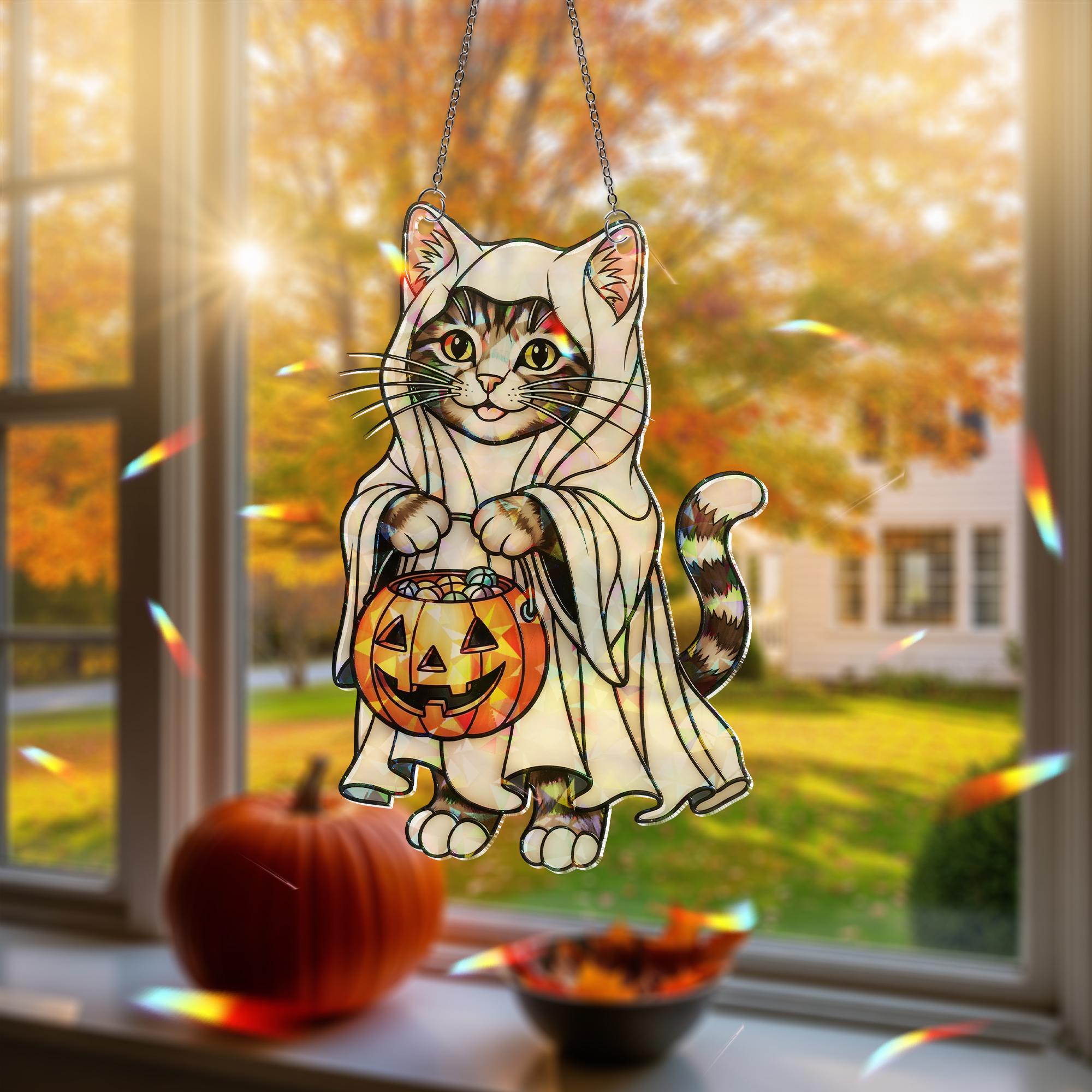 Ghost Cat Halloween Hologram Ornament – Cute Tabby Kitten with Pumpkin Candy Bucket, Fall Window Hanging Decoration, Cat Lover Gift
