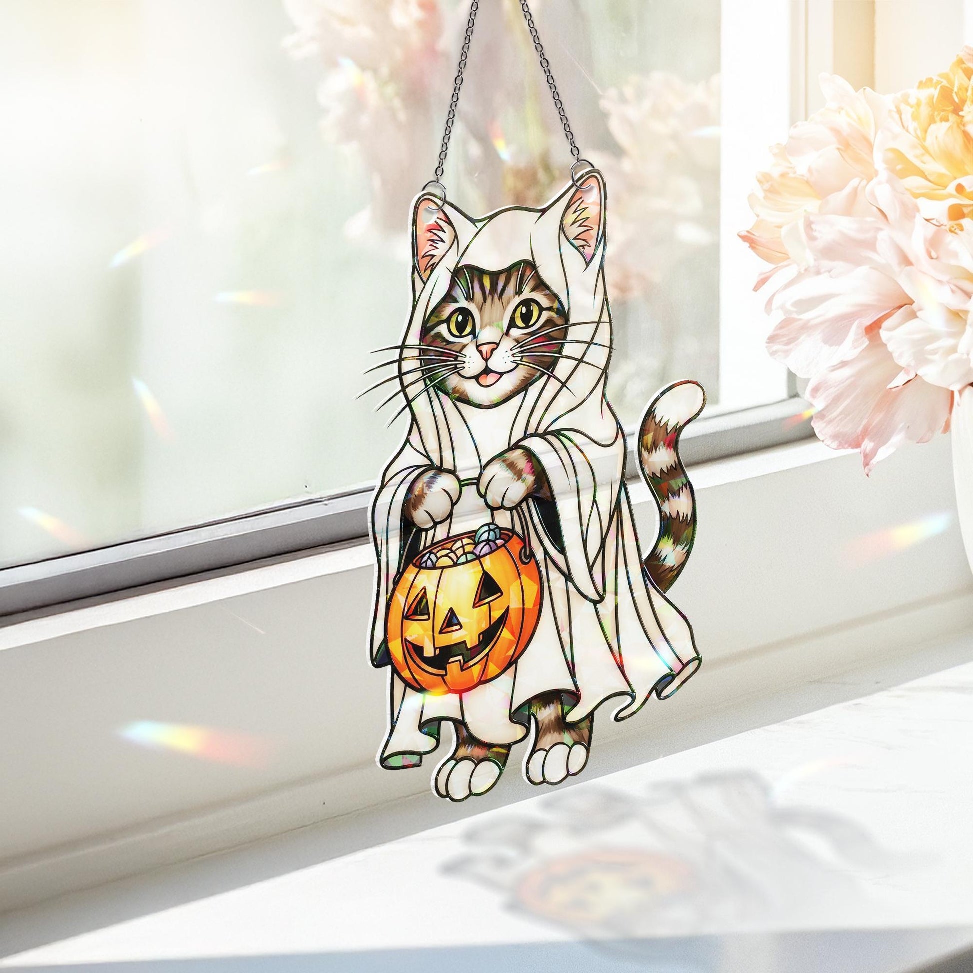 Ghost Cat Halloween Hologram Ornament – Cute Tabby Kitten with Pumpkin Candy Bucket, Fall Window Hanging Decoration, Cat Lover Gift