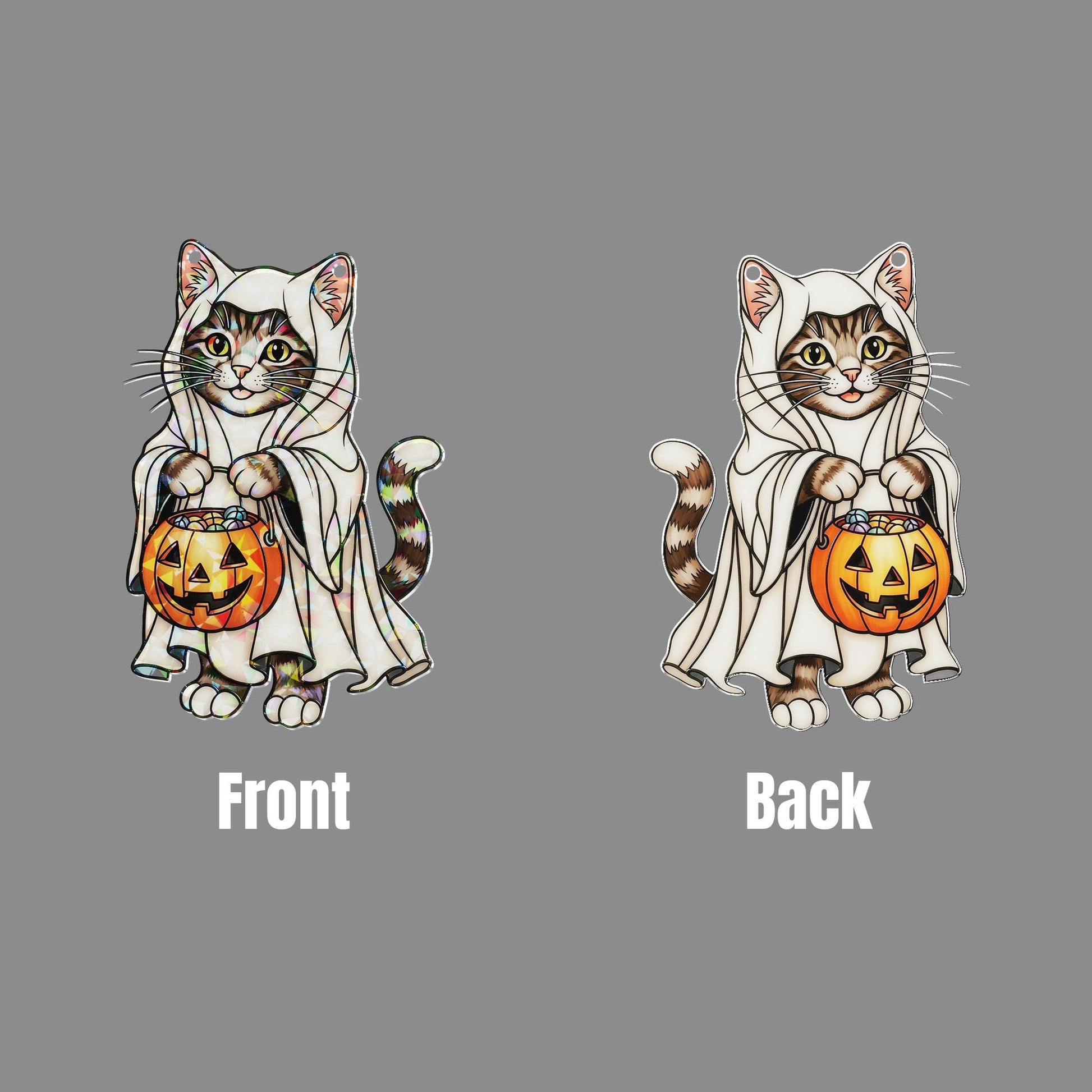 Ghost Cat Halloween Hologram Ornament – Cute Tabby Kitten with Pumpkin Candy Bucket, Fall Window Hanging Decoration, Cat Lover Gift