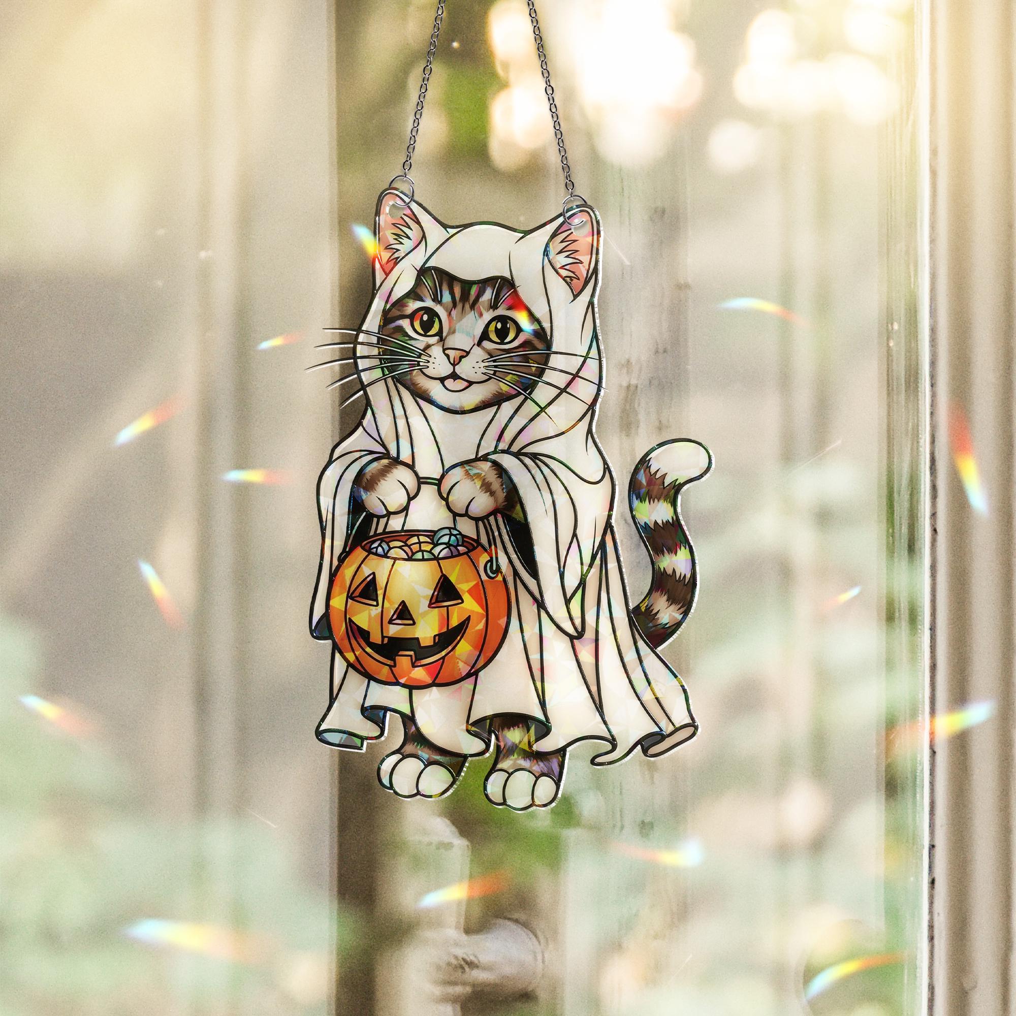 Ghost Cat Halloween Hologram Ornament – Cute Tabby Kitten with Pumpkin Candy Bucket, Fall Window Hanging Decoration, Cat Lover Gift