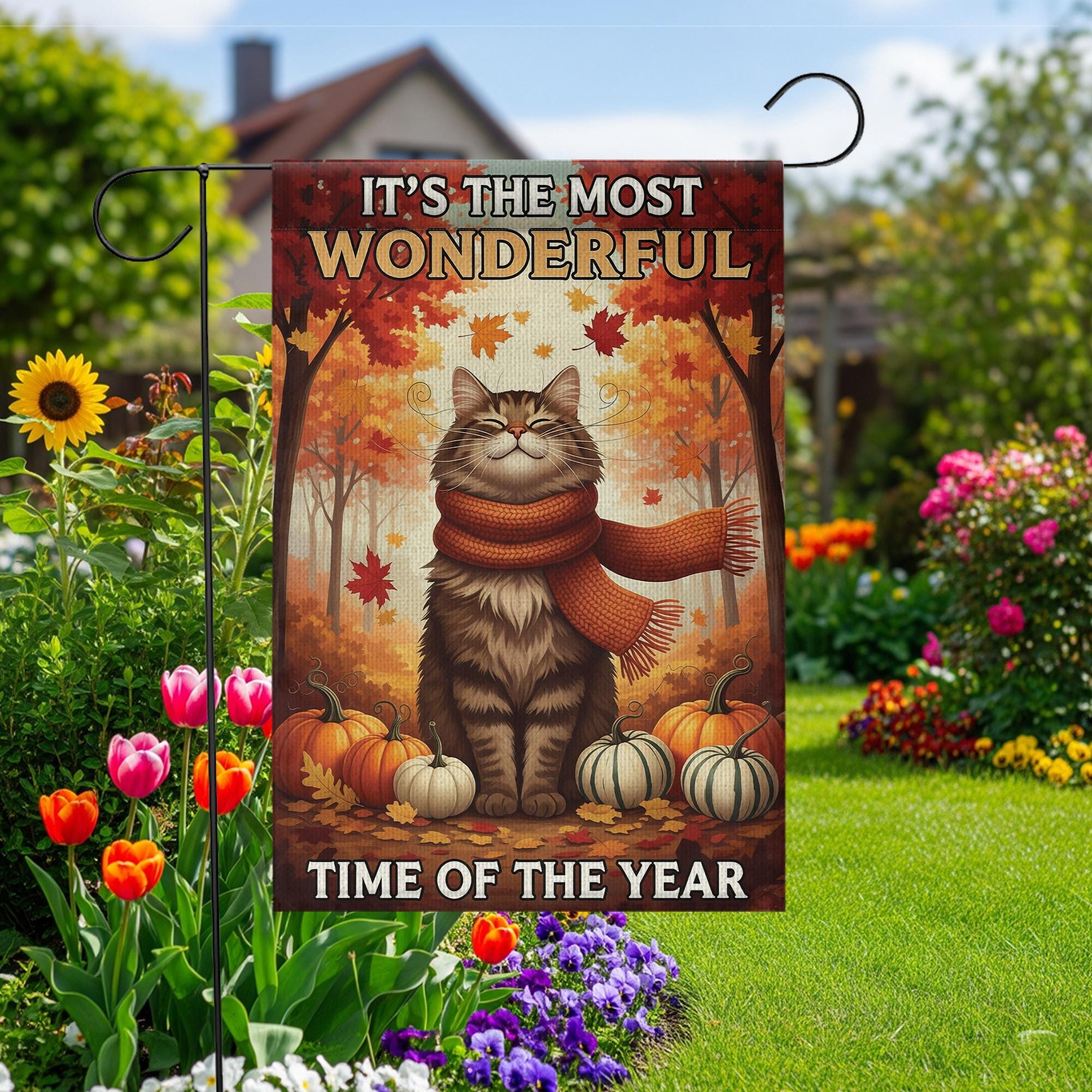 Fall Cat Garden Flag – Cozy Autumn Decor – It's the Most Wonderful Time of the Year – Thanksgiving Porch Flag