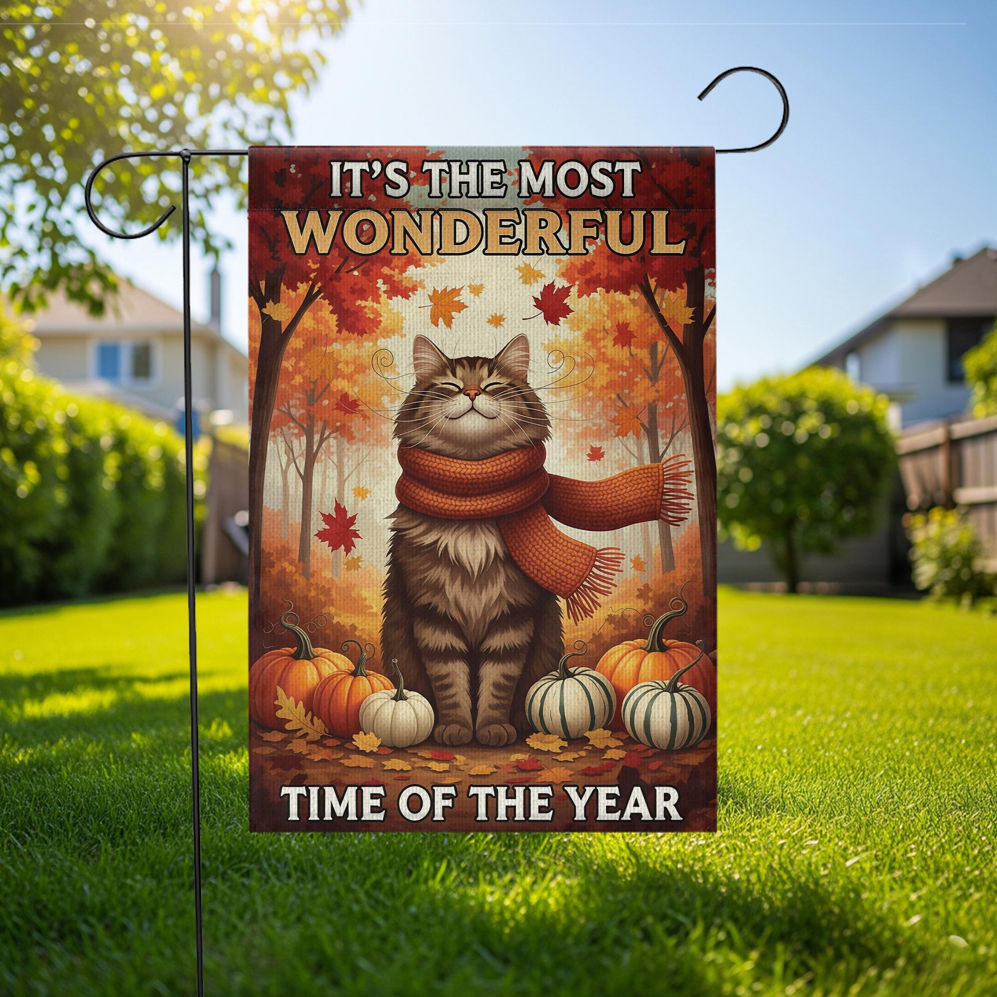 Fall Cat Garden Flag – Cozy Autumn Decor – It's the Most Wonderful Time of the Year – Thanksgiving Porch Flag