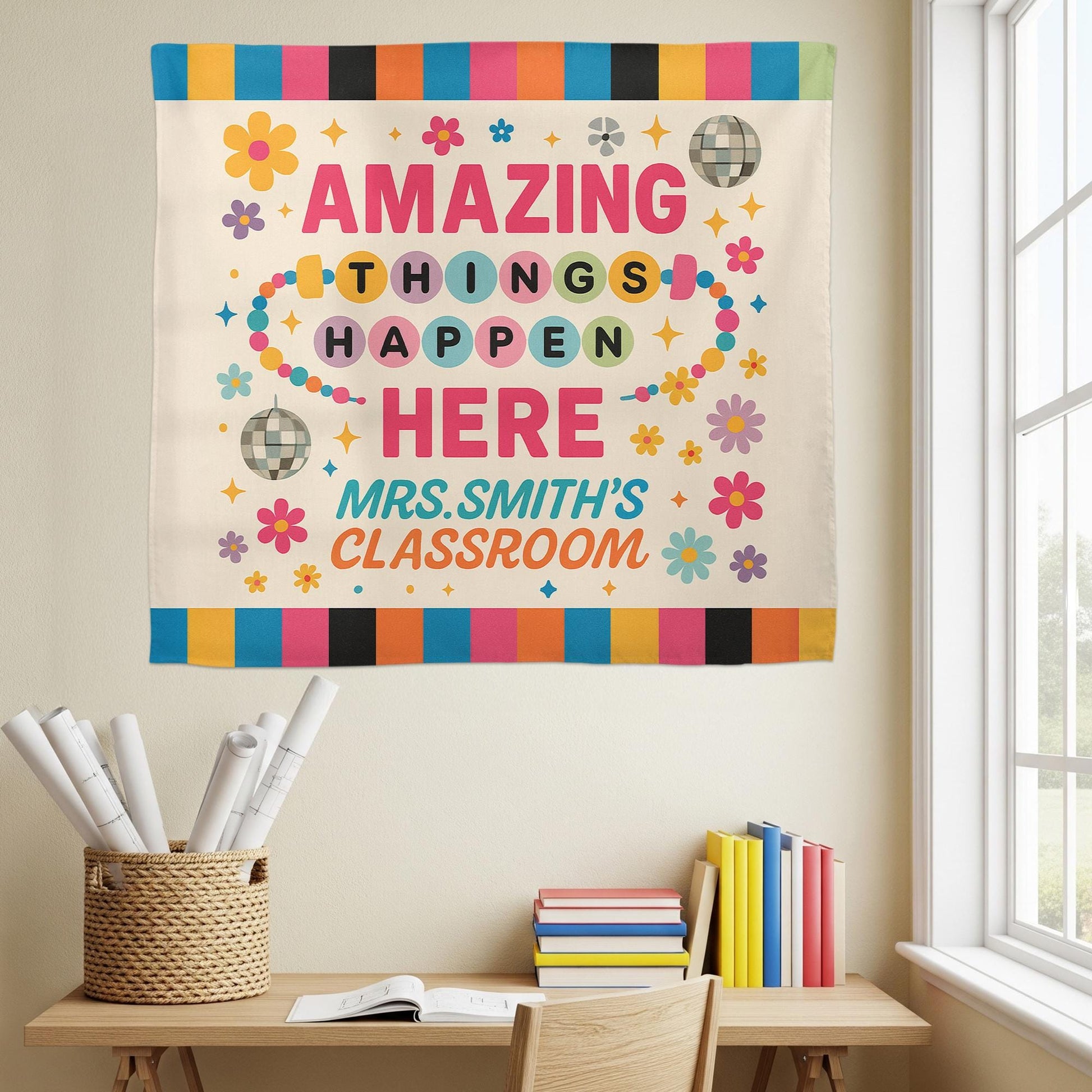 Amazing Things Happen Here Tapestry, Custom Teacher Classroom Wall Banner, Colorful Back to School Decor, Motivational Sign
