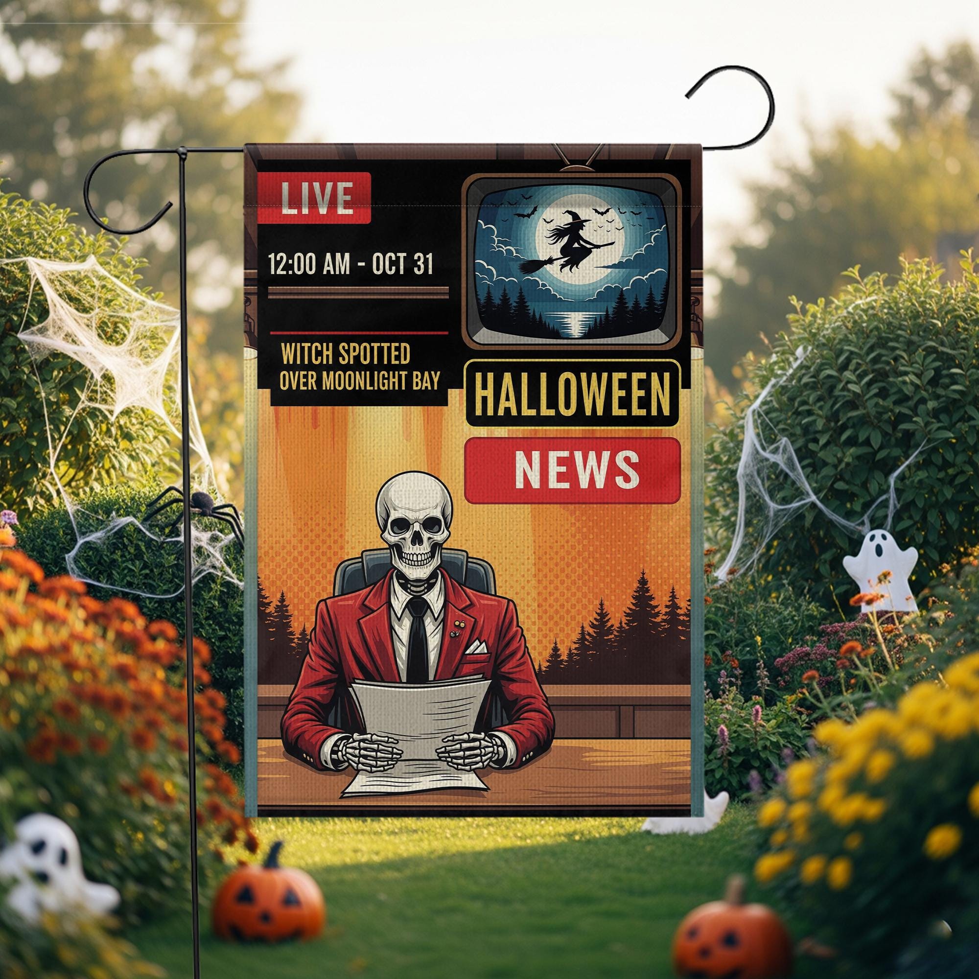 Halloween News Garden Flag – Skeleton Anchor Yard Decor – Funny Spooky Witch Banner – Live News Parody Sign