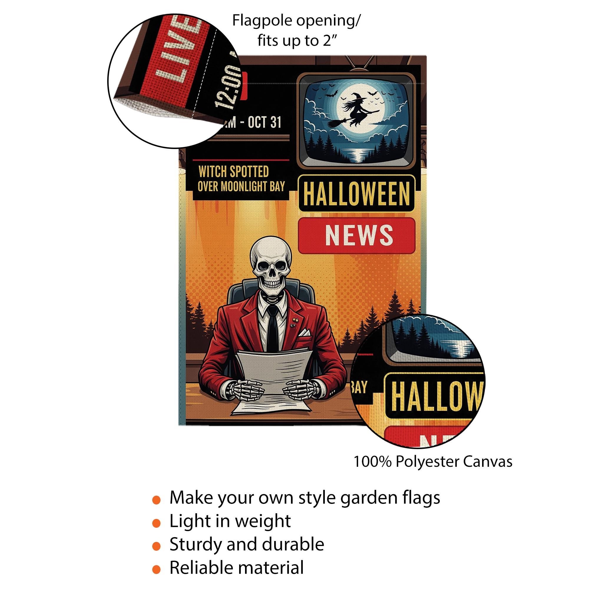 Halloween News Garden Flag – Skeleton Anchor Yard Decor – Funny Spooky Witch Banner – Live News Parody Sign