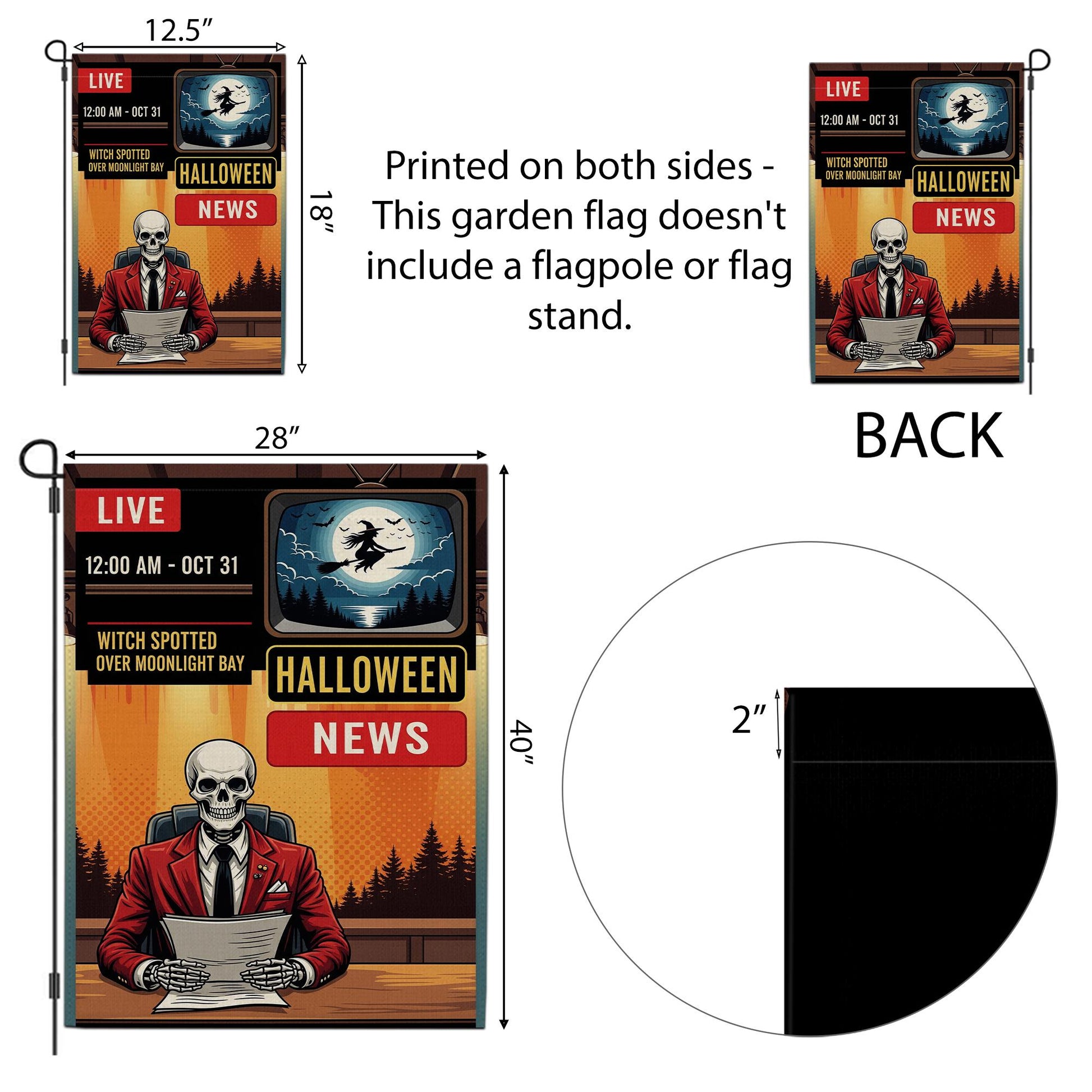 Halloween News Garden Flag – Skeleton Anchor Yard Decor – Funny Spooky Witch Banner – Live News Parody Sign