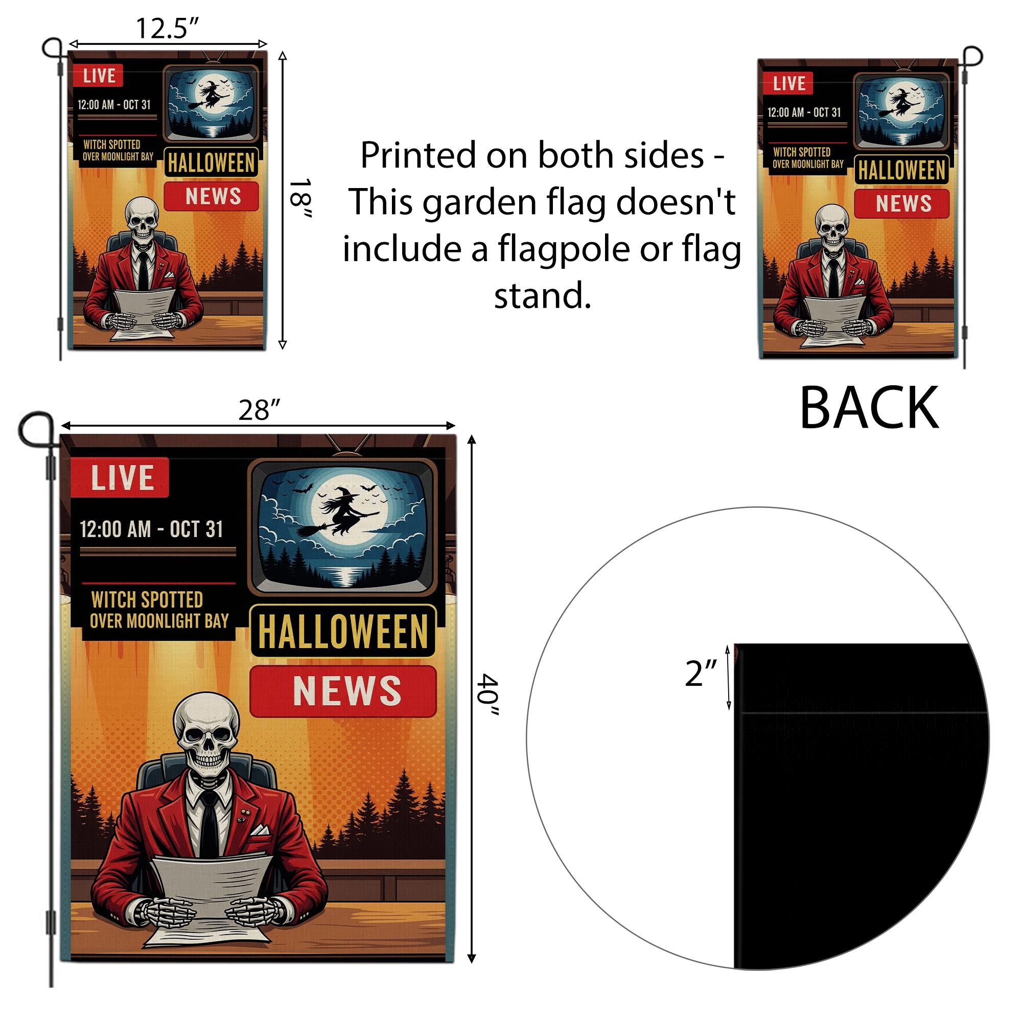 Halloween News Garden Flag – Skeleton Anchor Yard Decor – Funny Spooky Witch Banner – Live News Parody Sign