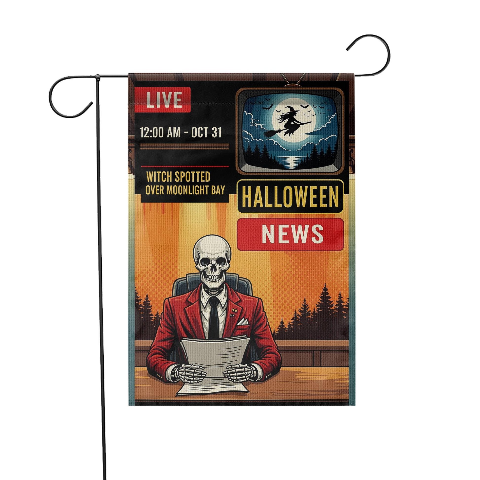 Halloween News Garden Flag – Skeleton Anchor Yard Decor – Funny Spooky Witch Banner – Live News Parody Sign