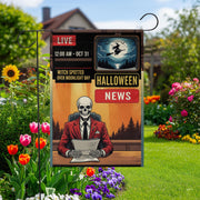 Halloween News Garden Flag – Skeleton Anchor Yard Decor – Funny Spooky Witch Banner – Live News Parody Sign