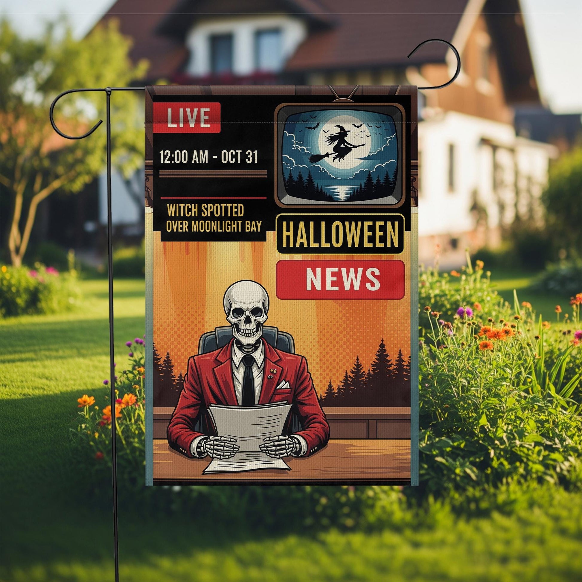 Halloween News Garden Flag – Skeleton Anchor Yard Decor – Funny Spooky Witch Banner – Live News Parody Sign