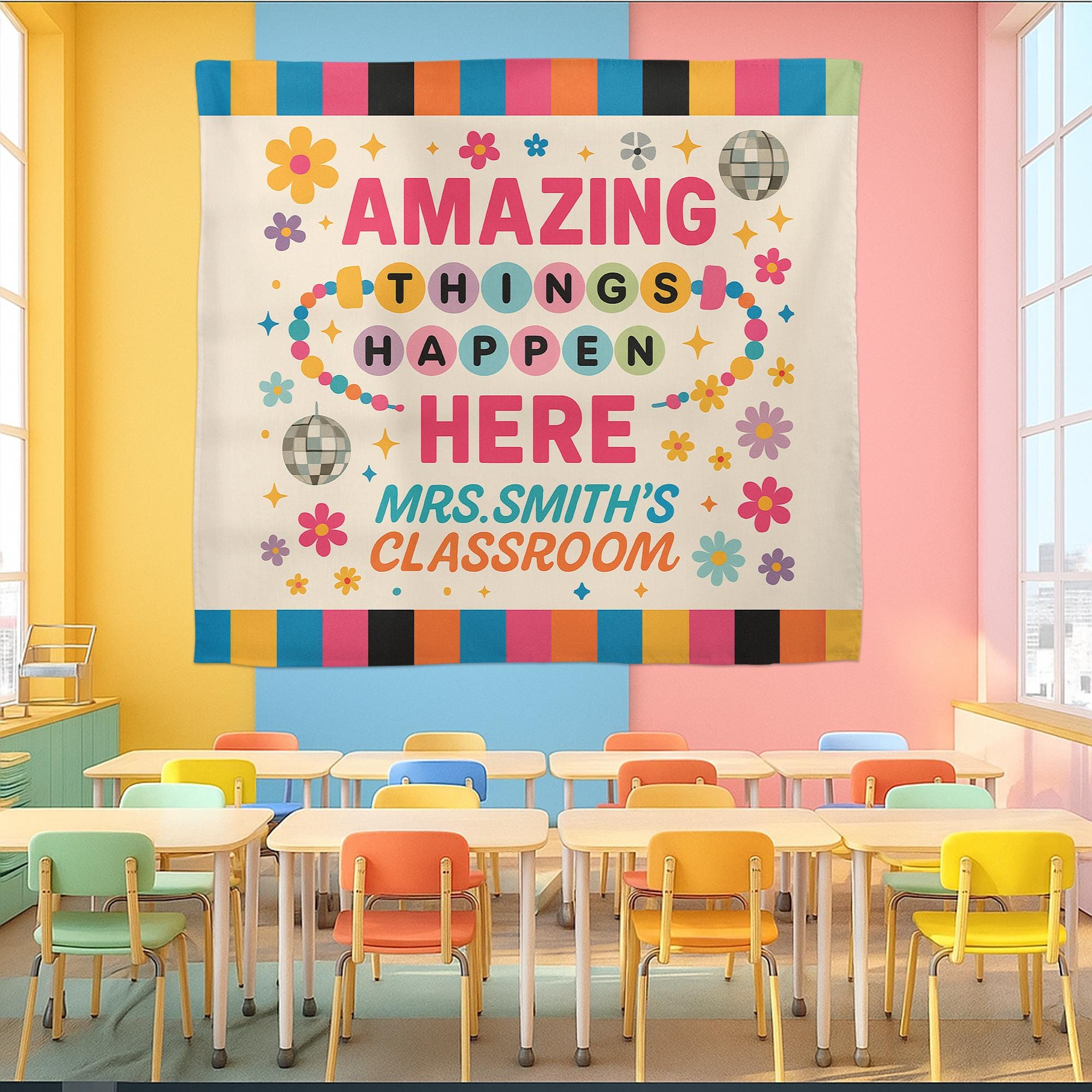 Amazing Things Happen Here Tapestry, Custom Teacher Classroom Wall Banner, Colorful Back to School Decor, Motivational Sign