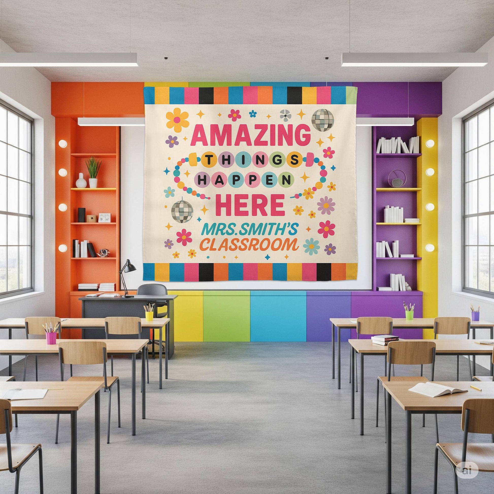 Amazing Things Happen Here Tapestry, Custom Teacher Classroom Wall Banner, Colorful Back to School Decor, Motivational Sign
