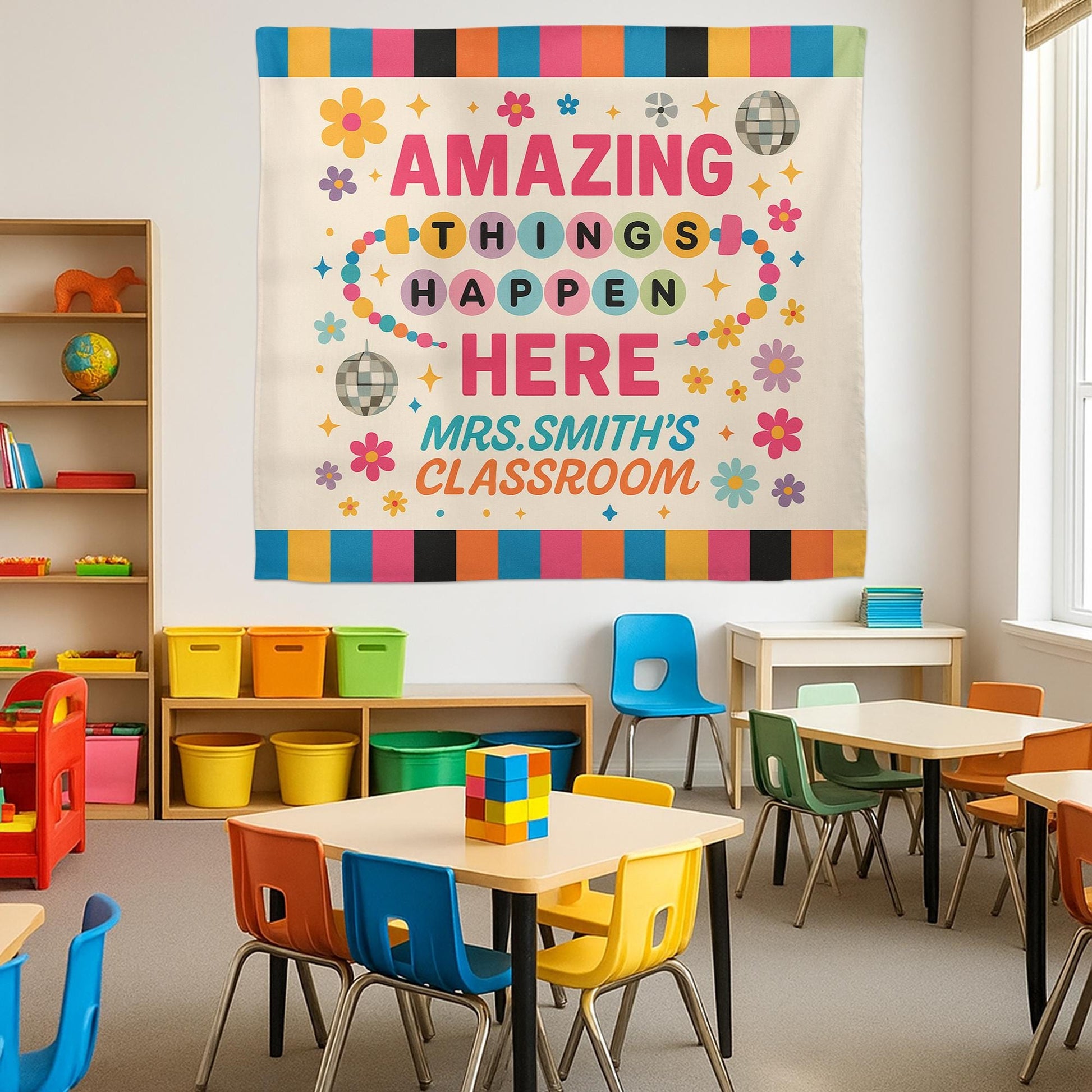 Amazing Things Happen Here Tapestry, Custom Teacher Classroom Wall Banner, Colorful Back to School Decor, Motivational Sign