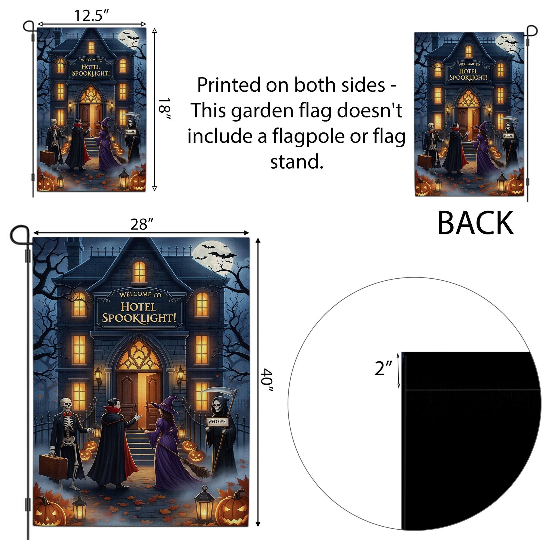 Hotel Spooklight Garden Flag – Halloween Haunted Hotel Yard Decor – Funny Dracula Witch Skeleton Banner – Grim Reaper Welcome Sign