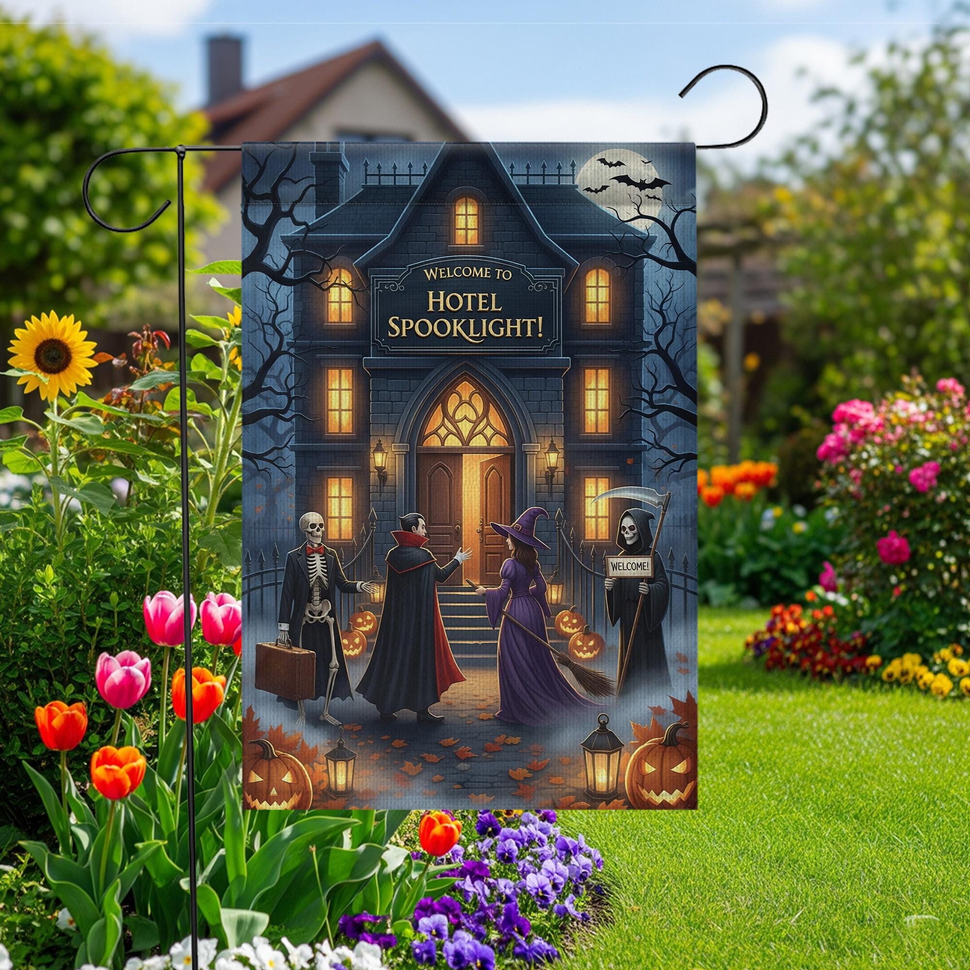 Hotel Spooklight Garden Flag – Halloween Haunted Hotel Yard Decor – Funny Dracula Witch Skeleton Banner – Grim Reaper Welcome Sign
