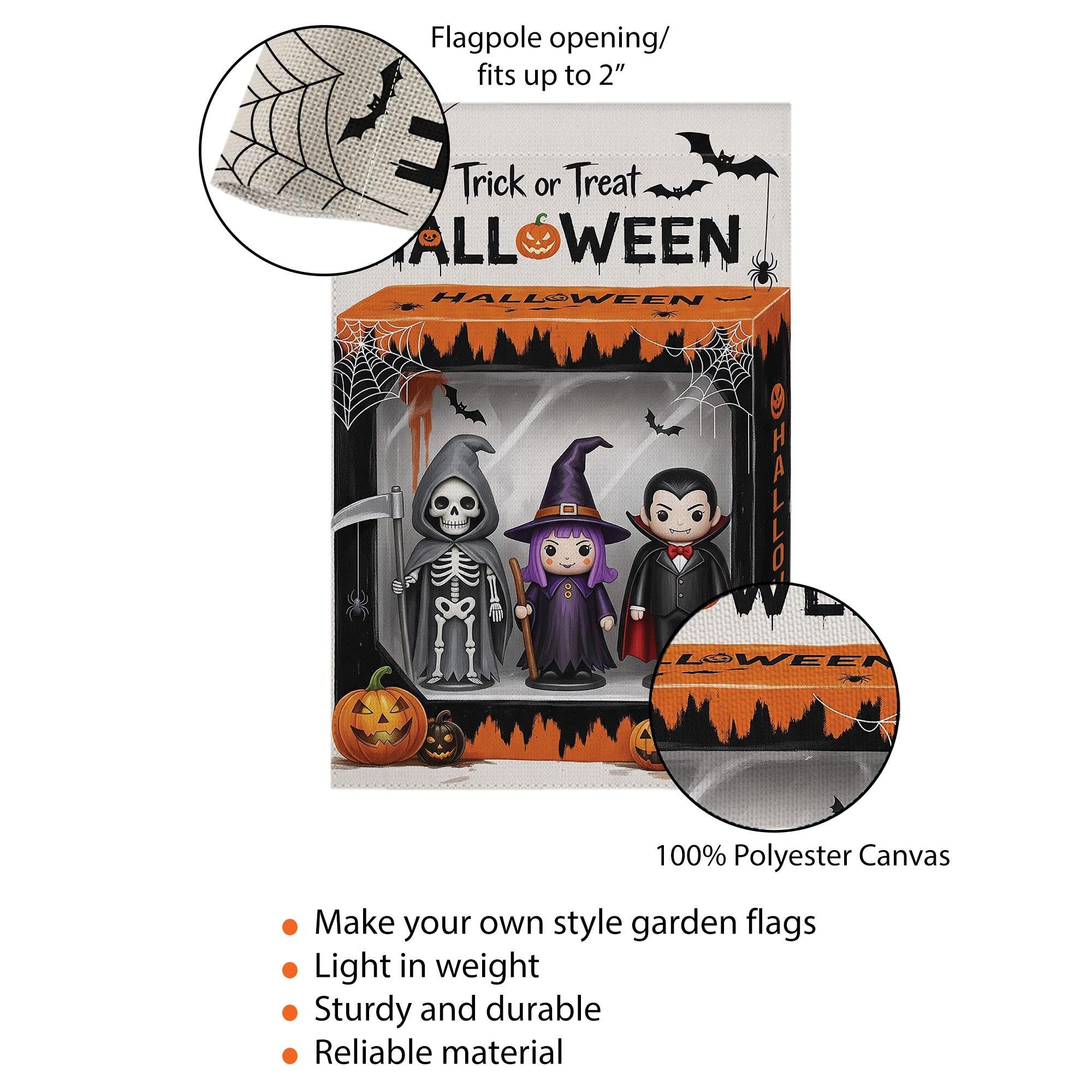 Trick or Treat Halloween Garden Flag, Spooky Yard Decor, Skeleton Witch Vampire Sign, Outdoor Fall Decoration, Festive Welcome Flag