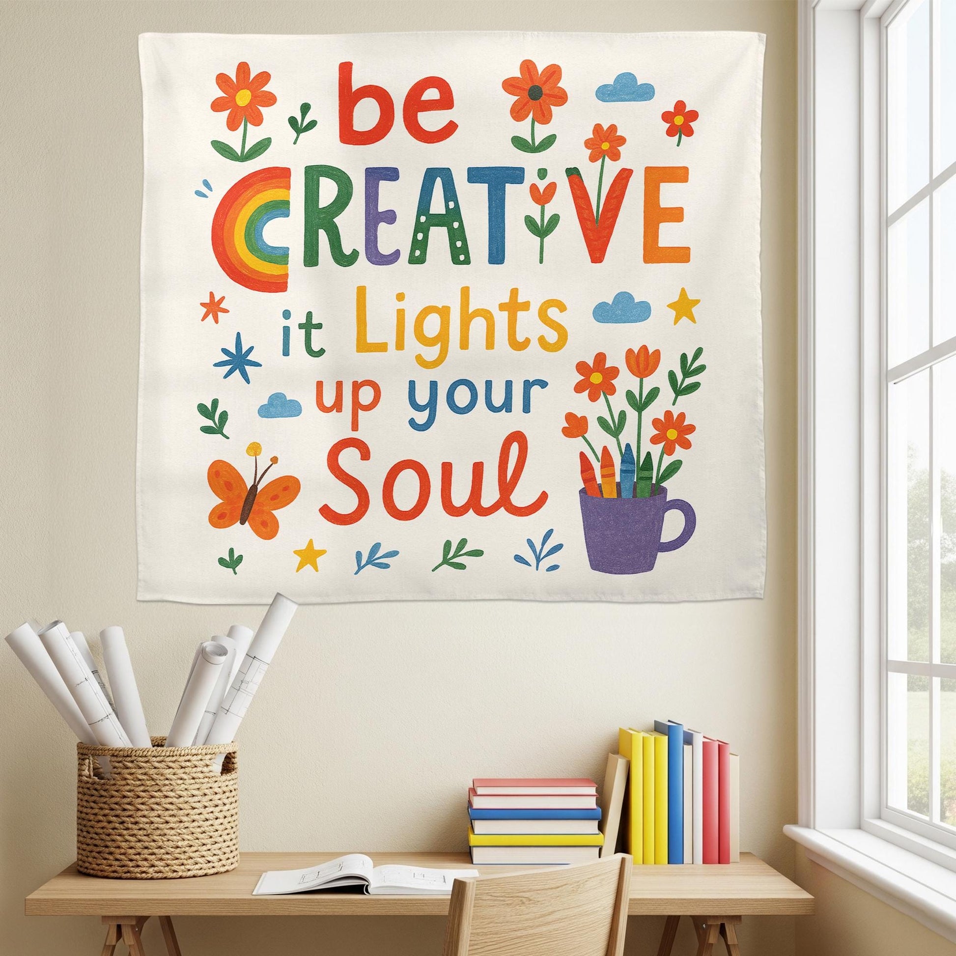 Be Creative Classroom Tapestry, Inspirational Teacher Wall Decor, Colorful Art Room Sign, Back to School Banner, Motivational Poster