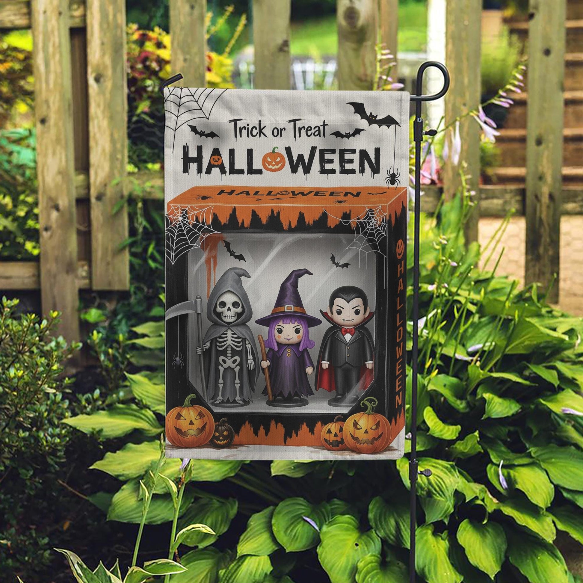 Trick or Treat Halloween Garden Flag, Spooky Yard Decor, Skeleton Witch Vampire Sign, Outdoor Fall Decoration, Festive Welcome Flag