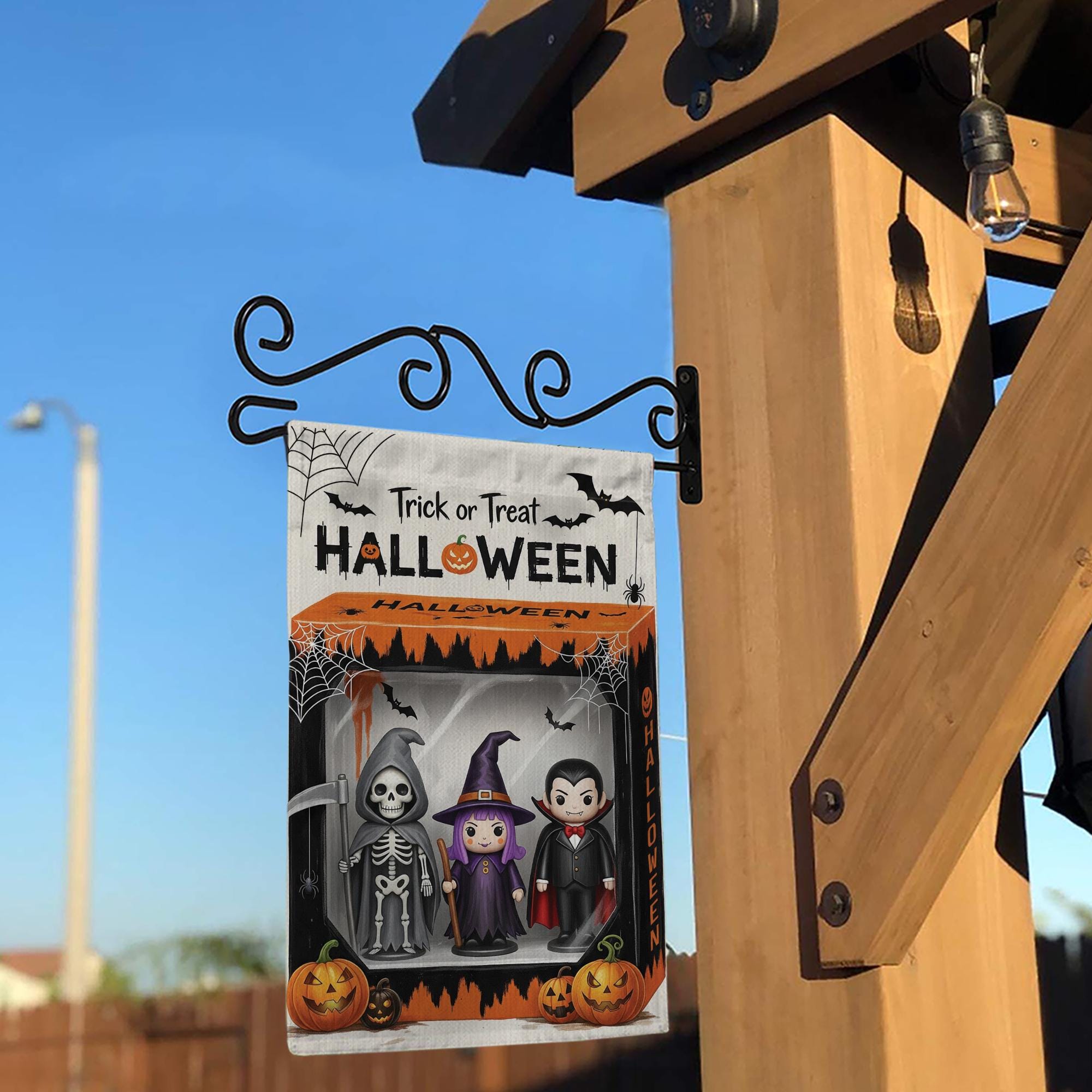Trick or Treat Halloween Garden Flag, Spooky Yard Decor, Skeleton Witch Vampire Sign, Outdoor Fall Decoration, Festive Welcome Flag