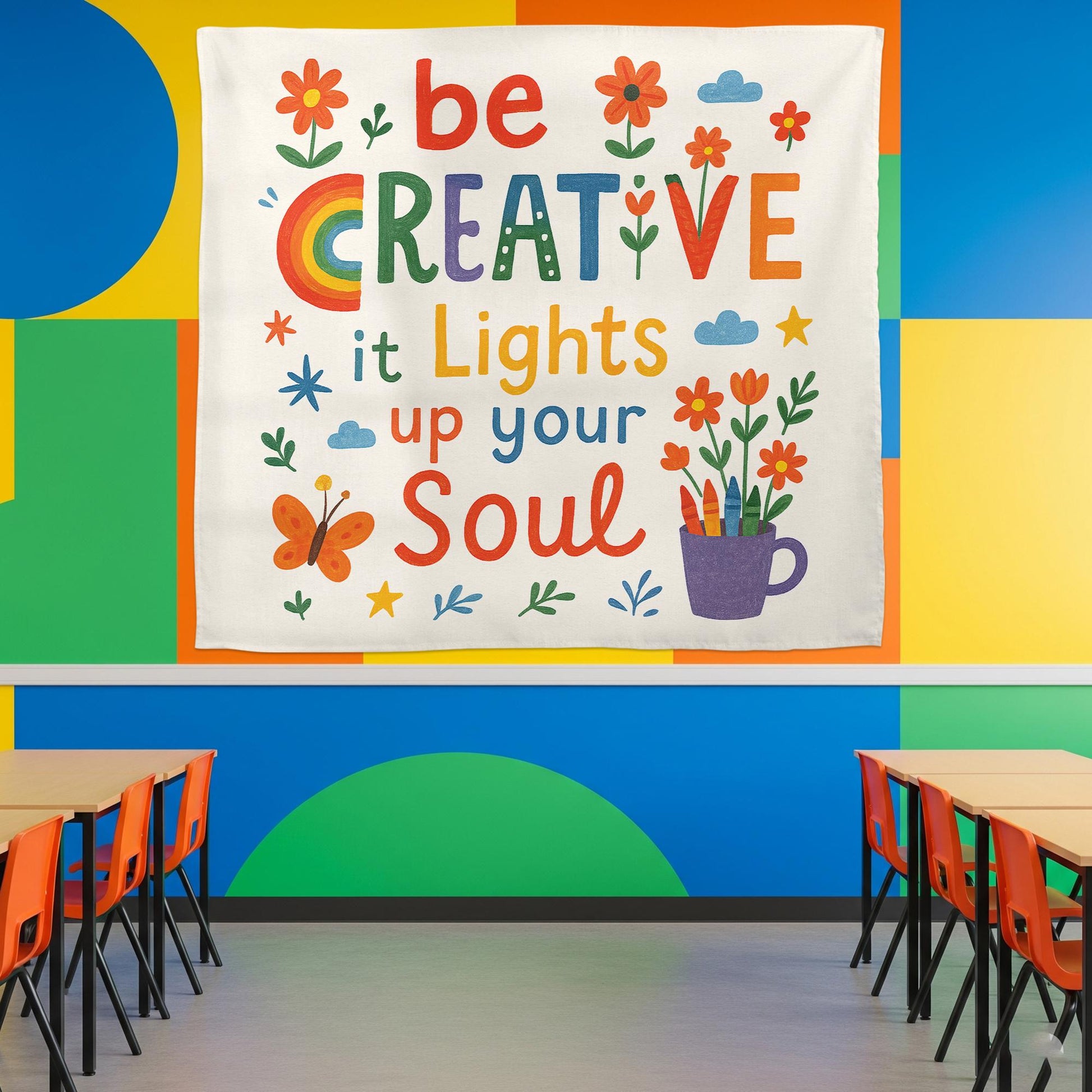 Be Creative Classroom Tapestry, Inspirational Teacher Wall Decor, Colorful Art Room Sign, Back to School Banner, Motivational Poster