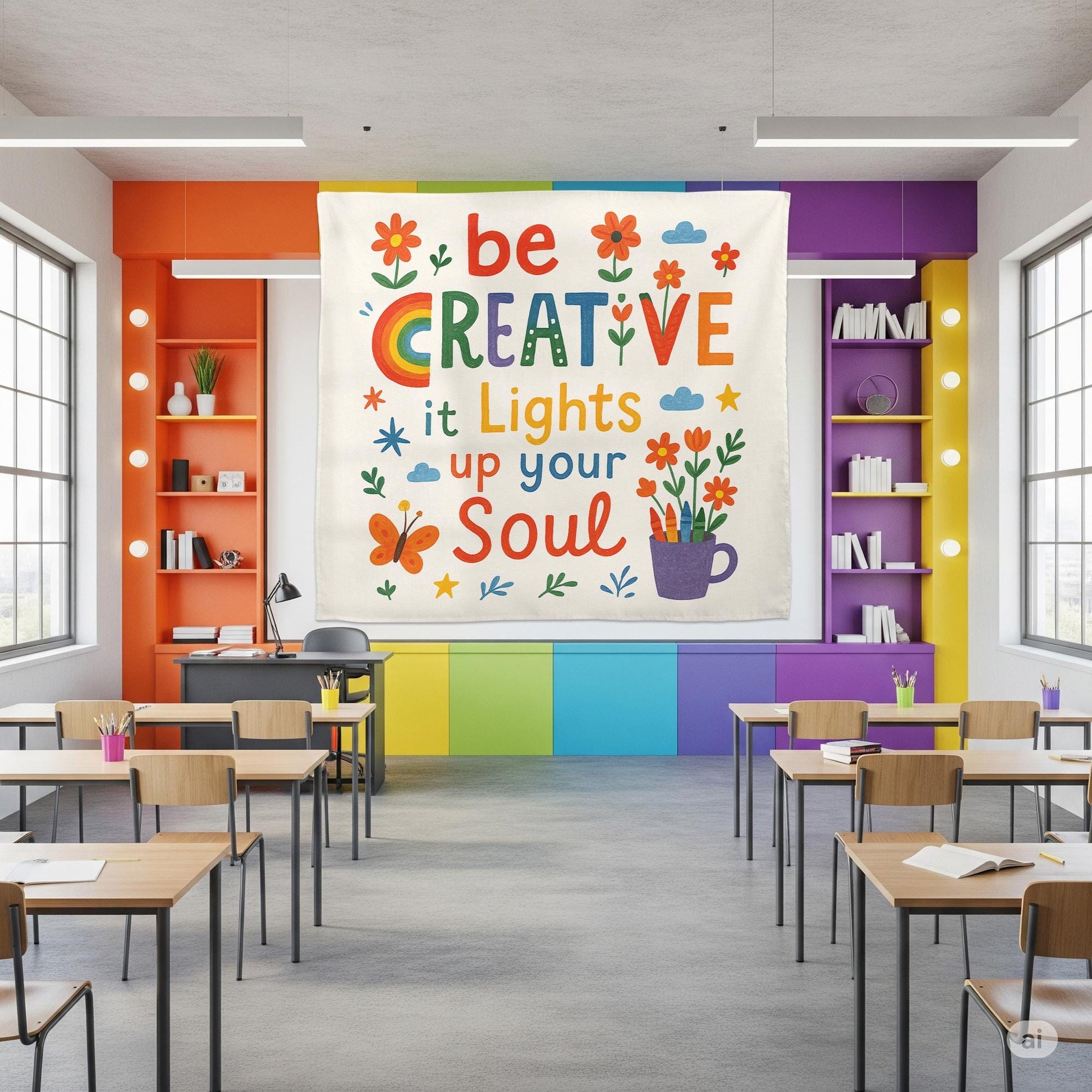 Be Creative Classroom Tapestry, Inspirational Teacher Wall Decor, Colorful Art Room Sign, Back to School Banner, Motivational Poster
