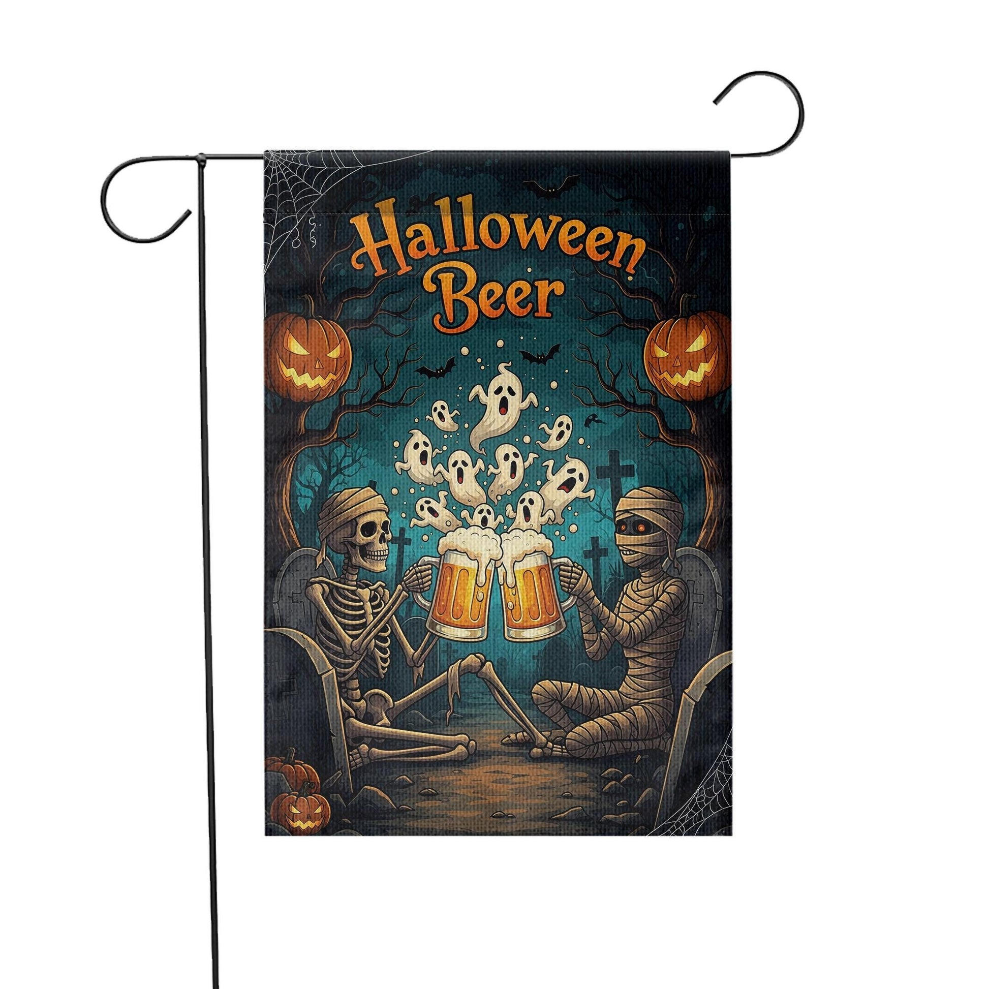 Halloween Beer Garden Flag, Spooky Skeleton Mummy Toast, Funny Outdoor Decor, Ghost Party Yard Sign, Unique Fall Decoration