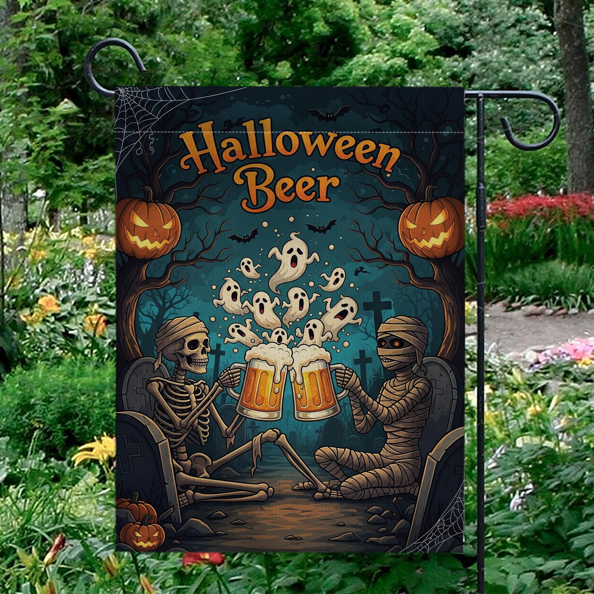 Halloween Beer Garden Flag, Spooky Skeleton Mummy Toast, Funny Outdoor Decor, Ghost Party Yard Sign, Unique Fall Decoration