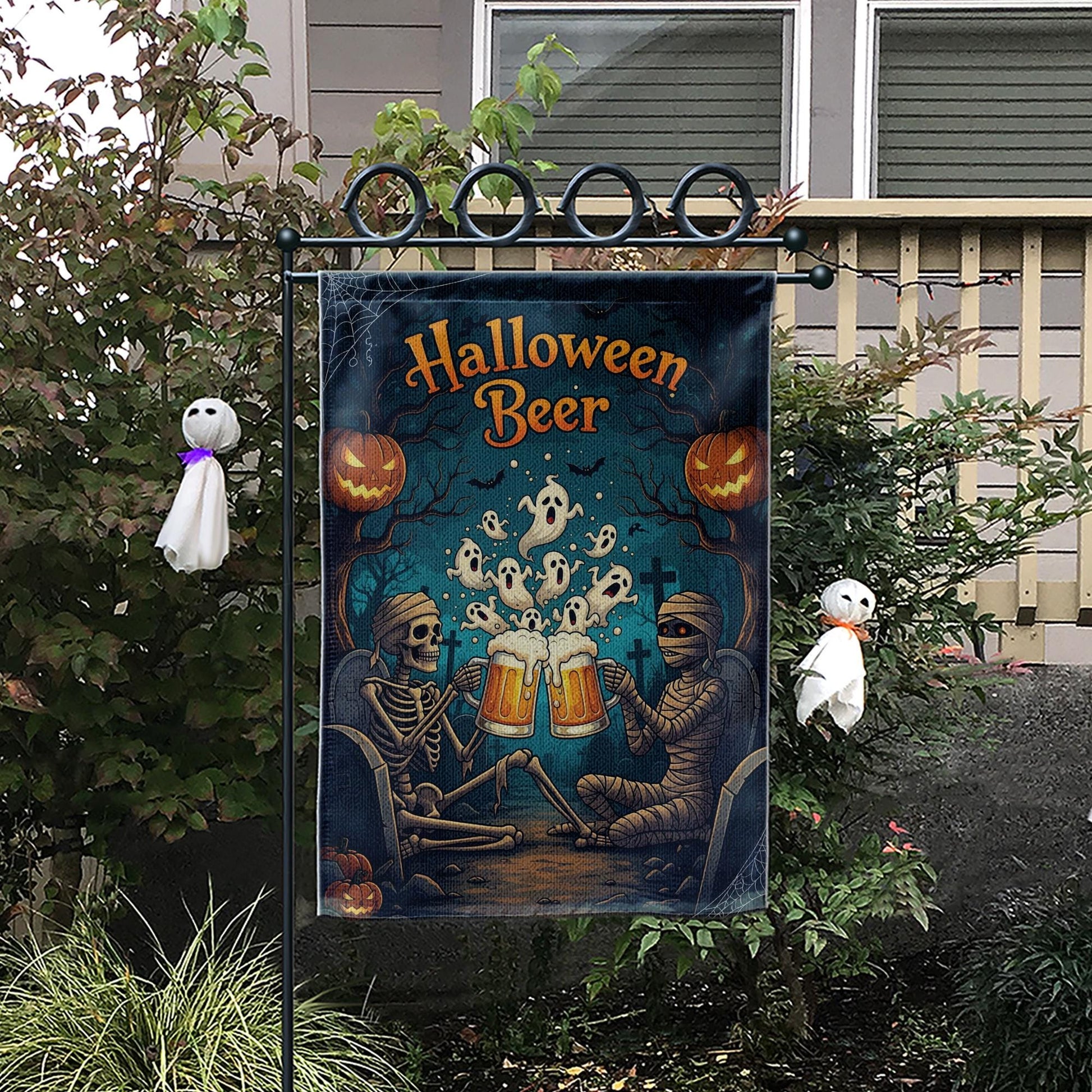Halloween Beer Garden Flag, Spooky Skeleton Mummy Toast, Funny Outdoor Decor, Ghost Party Yard Sign, Unique Fall Decoration