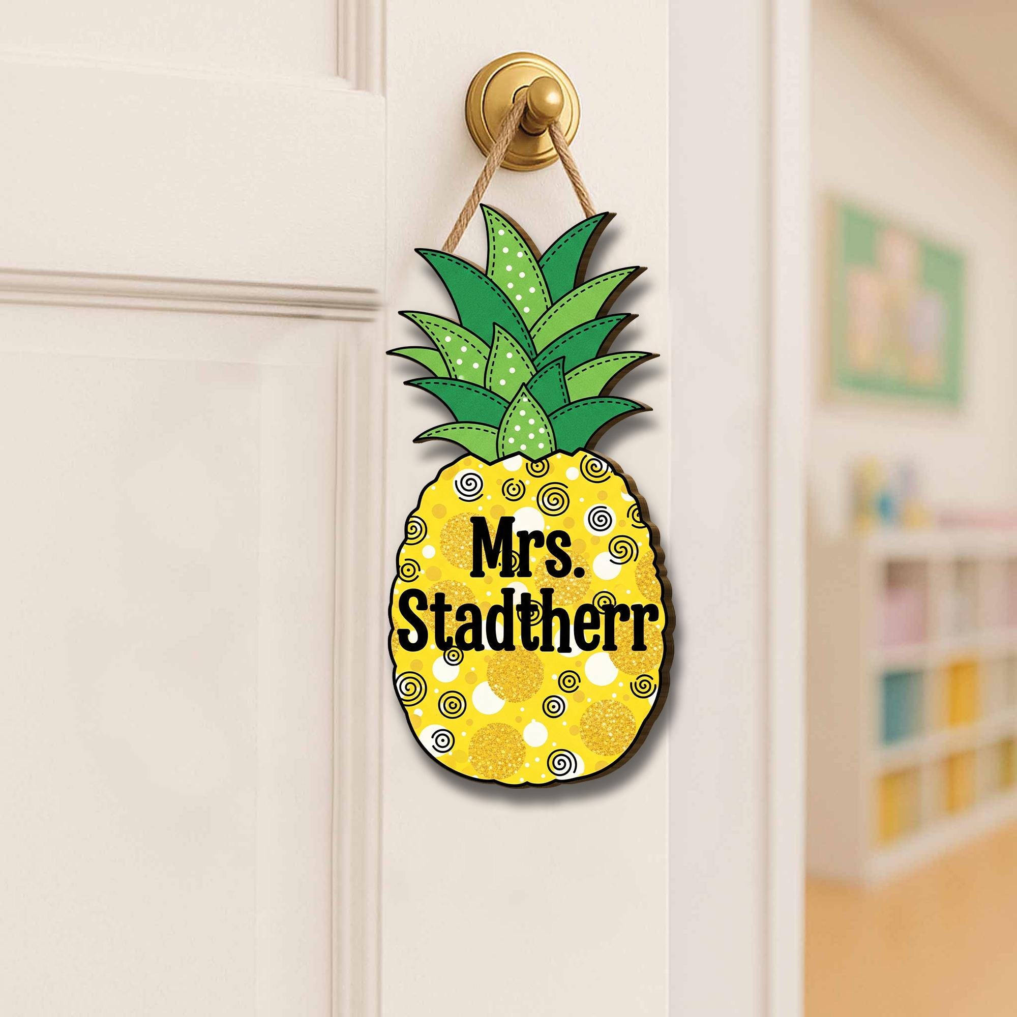 Personalized Pineapple Teacher Door Sign – Custom Name Classroom Decor, Tropical Welcome Sign for School or Summer Theme, Fruit Door Hanger