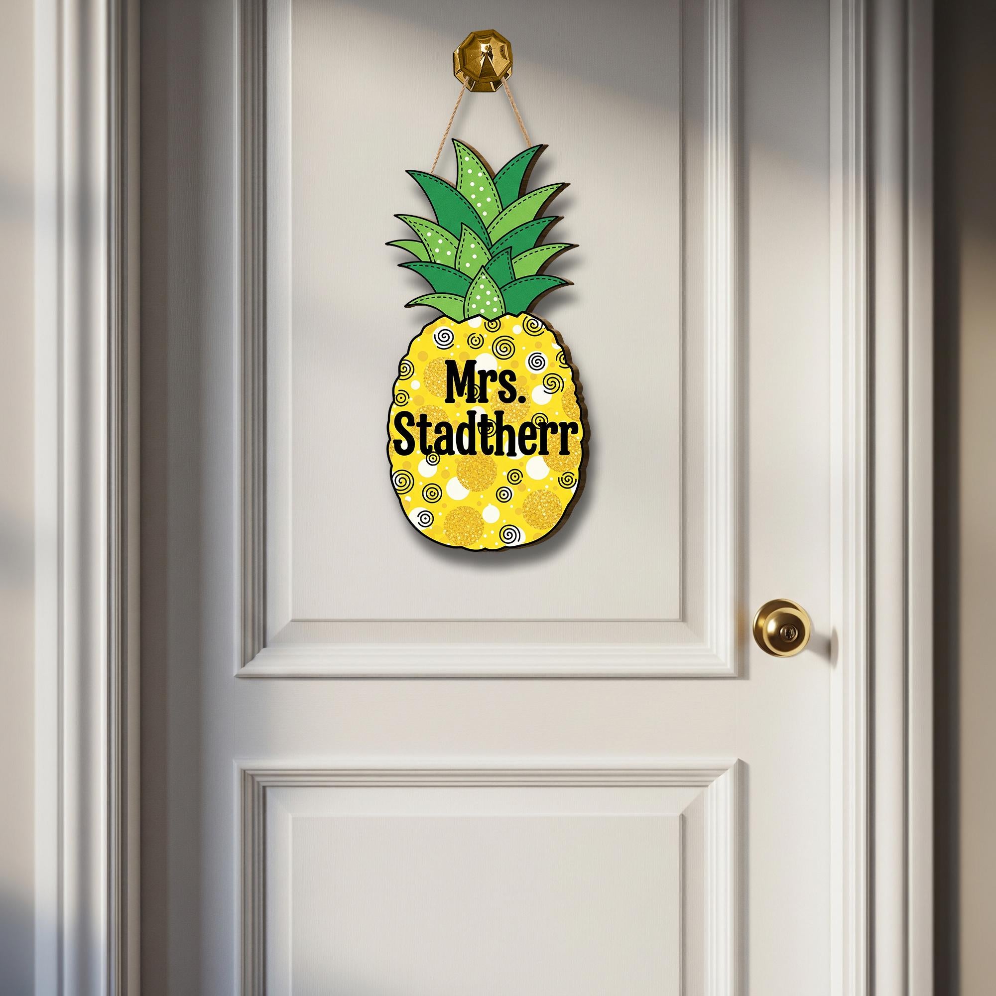 Personalized Pineapple Teacher Door Sign – Custom Name Classroom Decor, Tropical Welcome Sign for School or Summer Theme, Fruit Door Hanger
