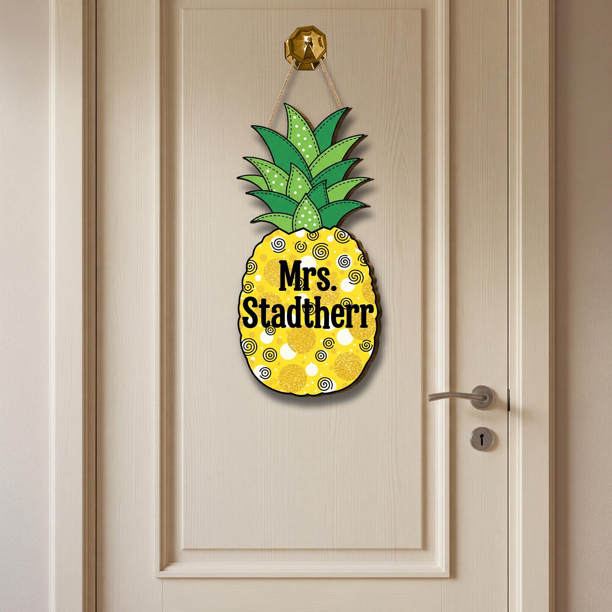 Personalized Pineapple Teacher Door Sign – Custom Name Classroom Decor, Tropical Welcome Sign for School or Summer Theme, Fruit Door Hanger