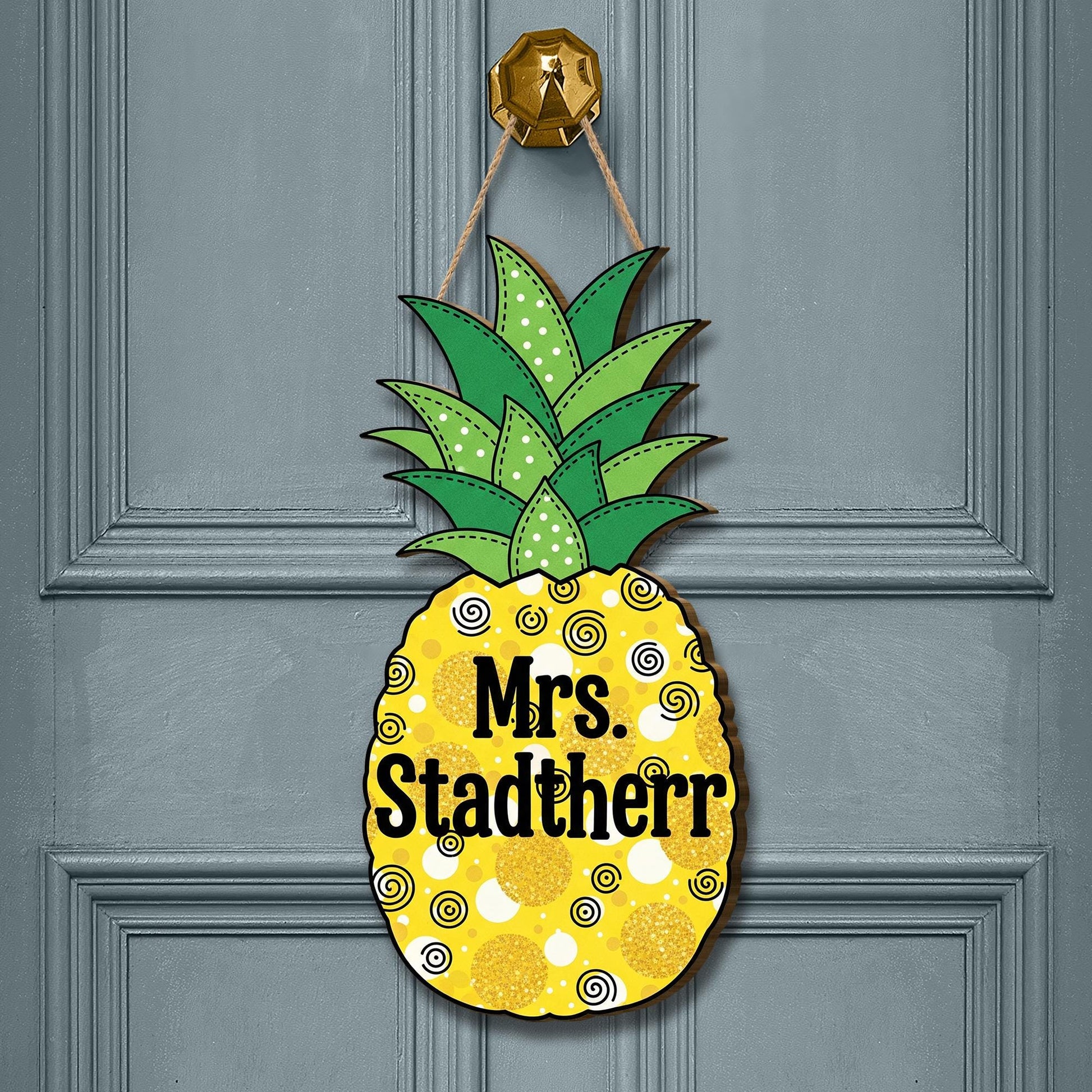 Personalized Pineapple Teacher Door Sign – Custom Name Classroom Decor, Tropical Welcome Sign for School or Summer Theme, Fruit Door Hanger