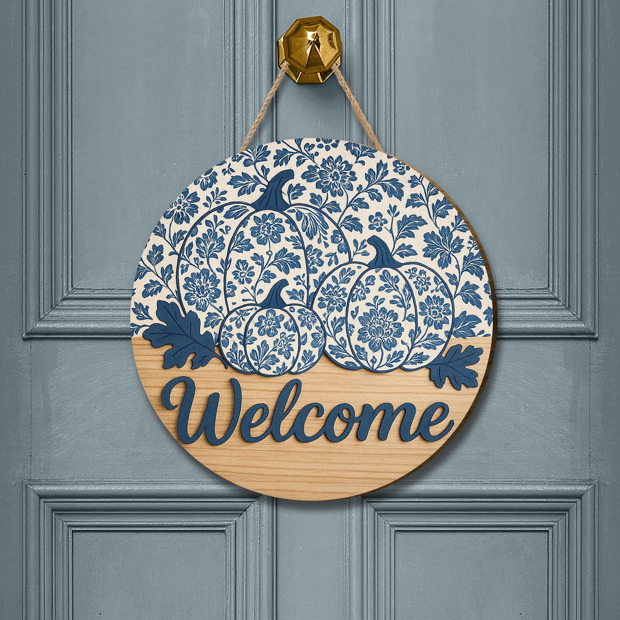 Chinoiserie Pumpkin Welcome Sign, Blue and White Fall Door Hanger, Round Wooden Porch Decor, Farmhouse Autumn Entryway Sign