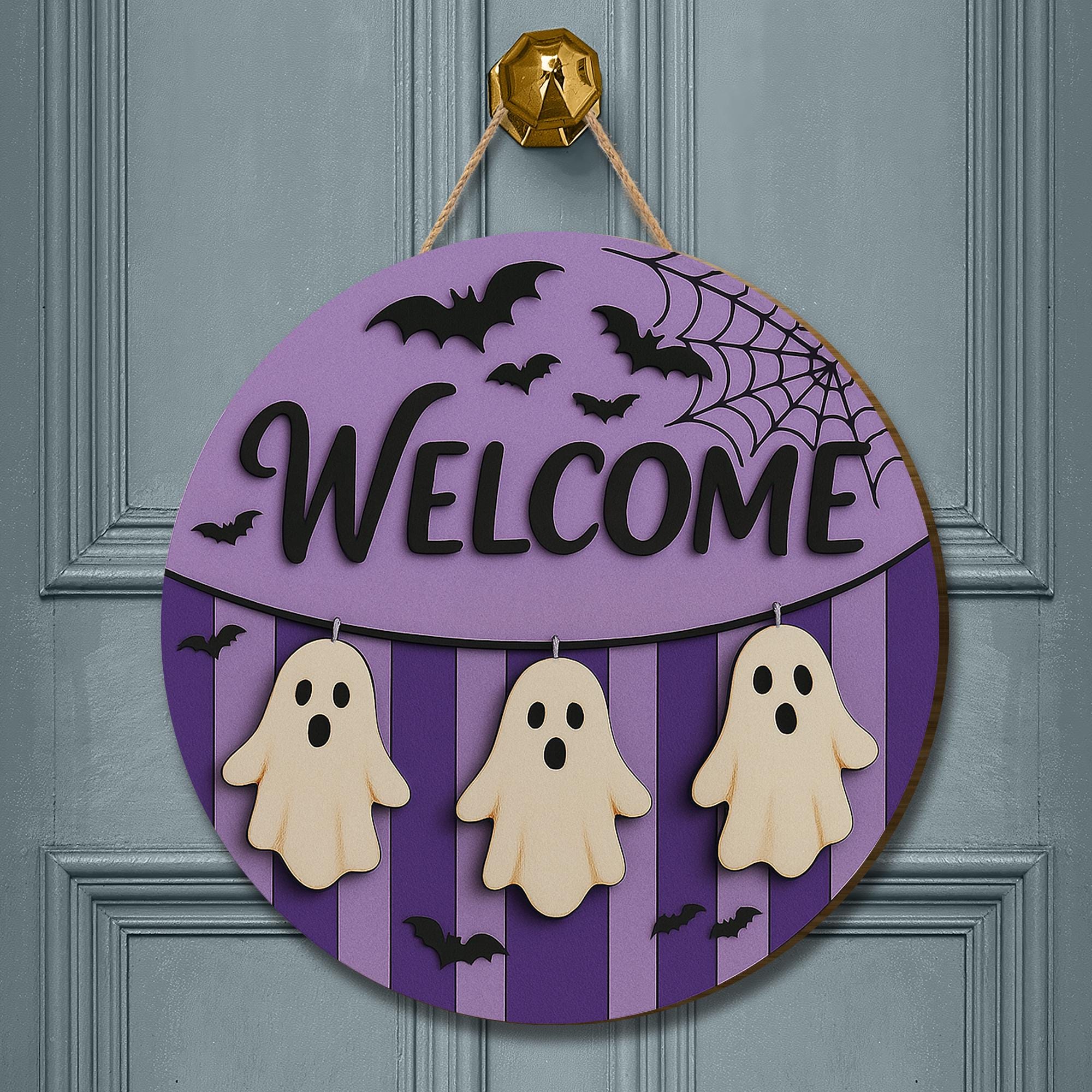 Halloween Ghost Welcome Sign, Purple Wooden Door Hanger, Cute Bat Spiderweb Decor, Spooky Front Porch Sign, Trick or Treat Decor