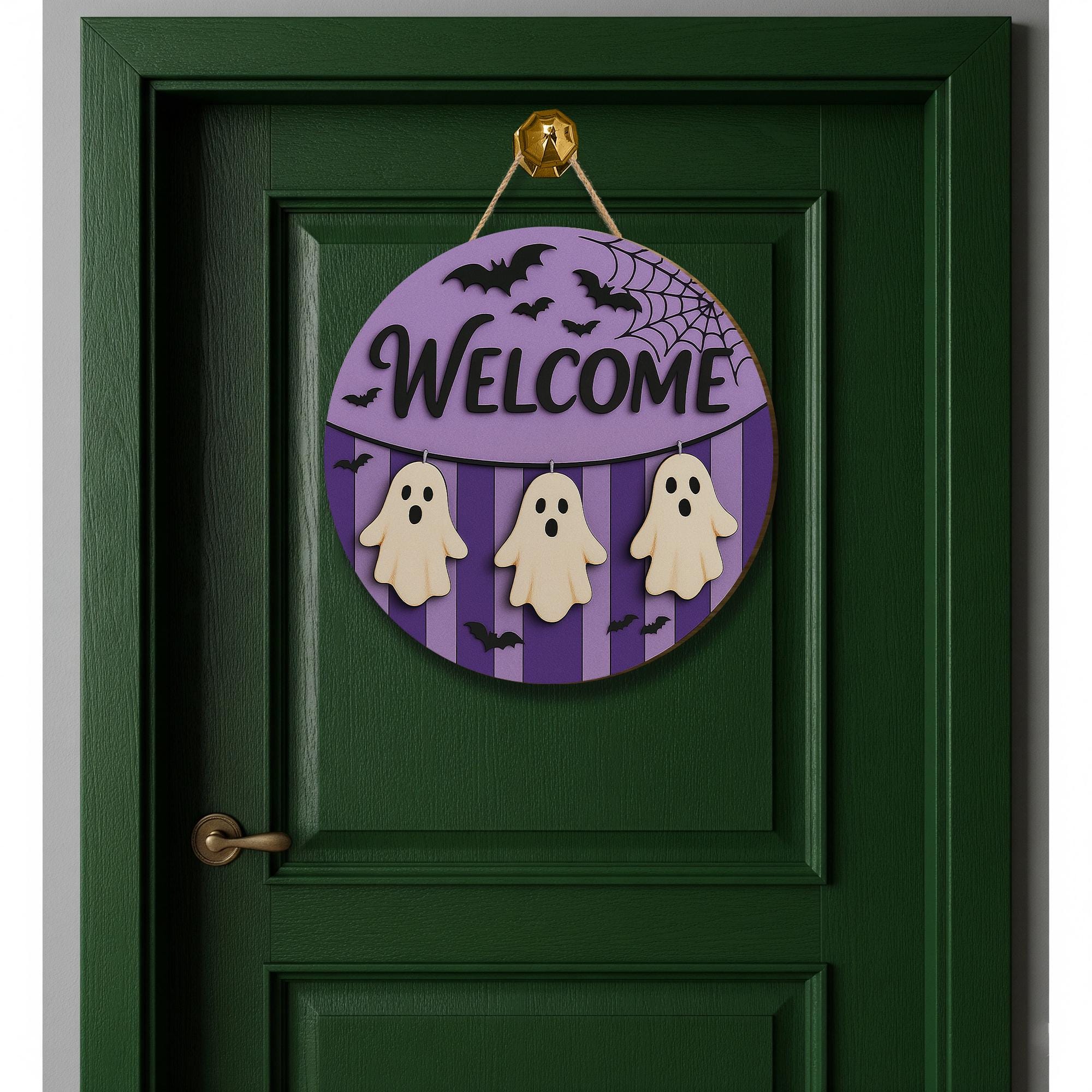Halloween Ghost Welcome Sign, Purple Wooden Door Hanger, Cute Bat Spiderweb Decor, Spooky Front Porch Sign, Trick or Treat Decor