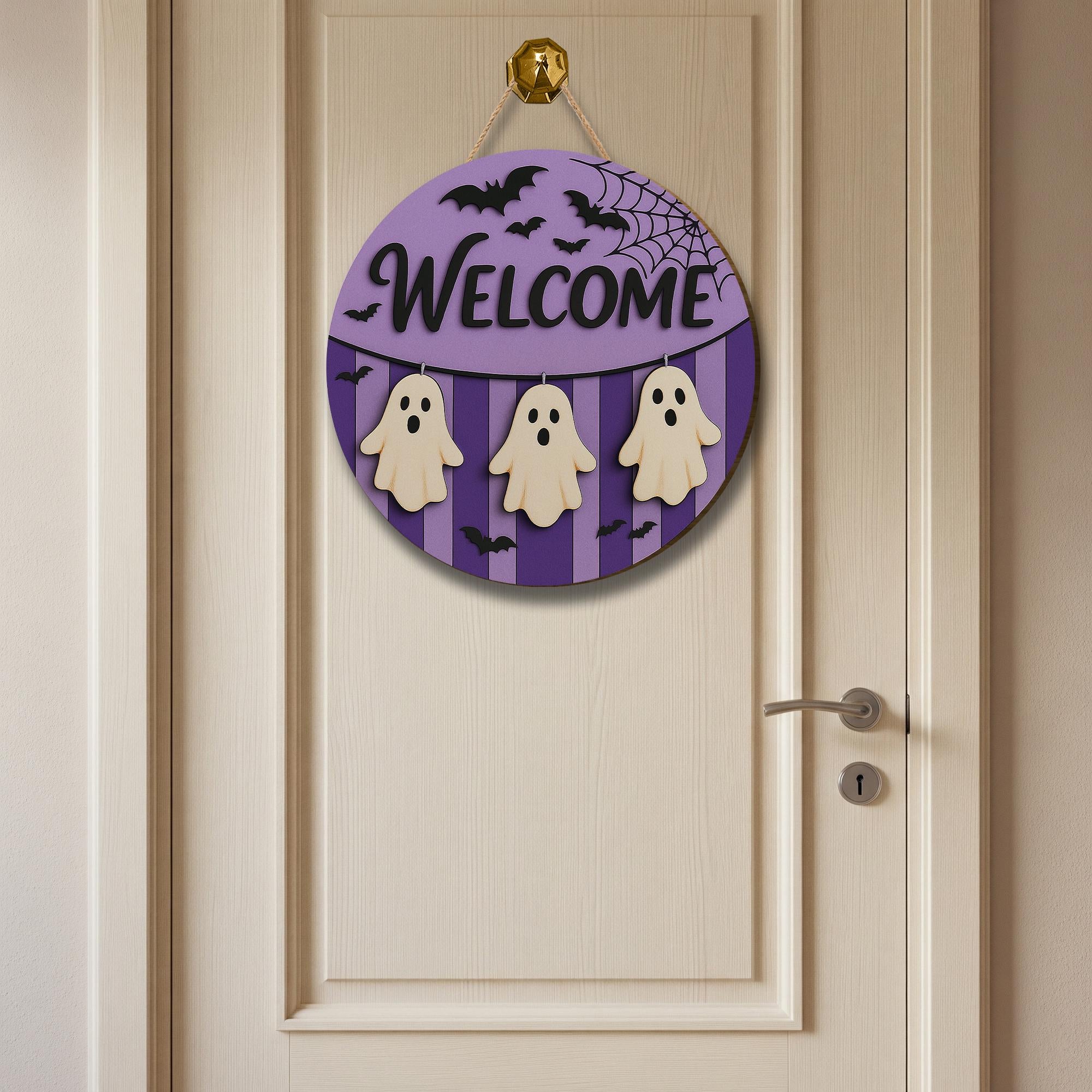 Halloween Ghost Welcome Sign, Purple Wooden Door Hanger, Cute Bat Spiderweb Decor, Spooky Front Porch Sign, Trick or Treat Decor